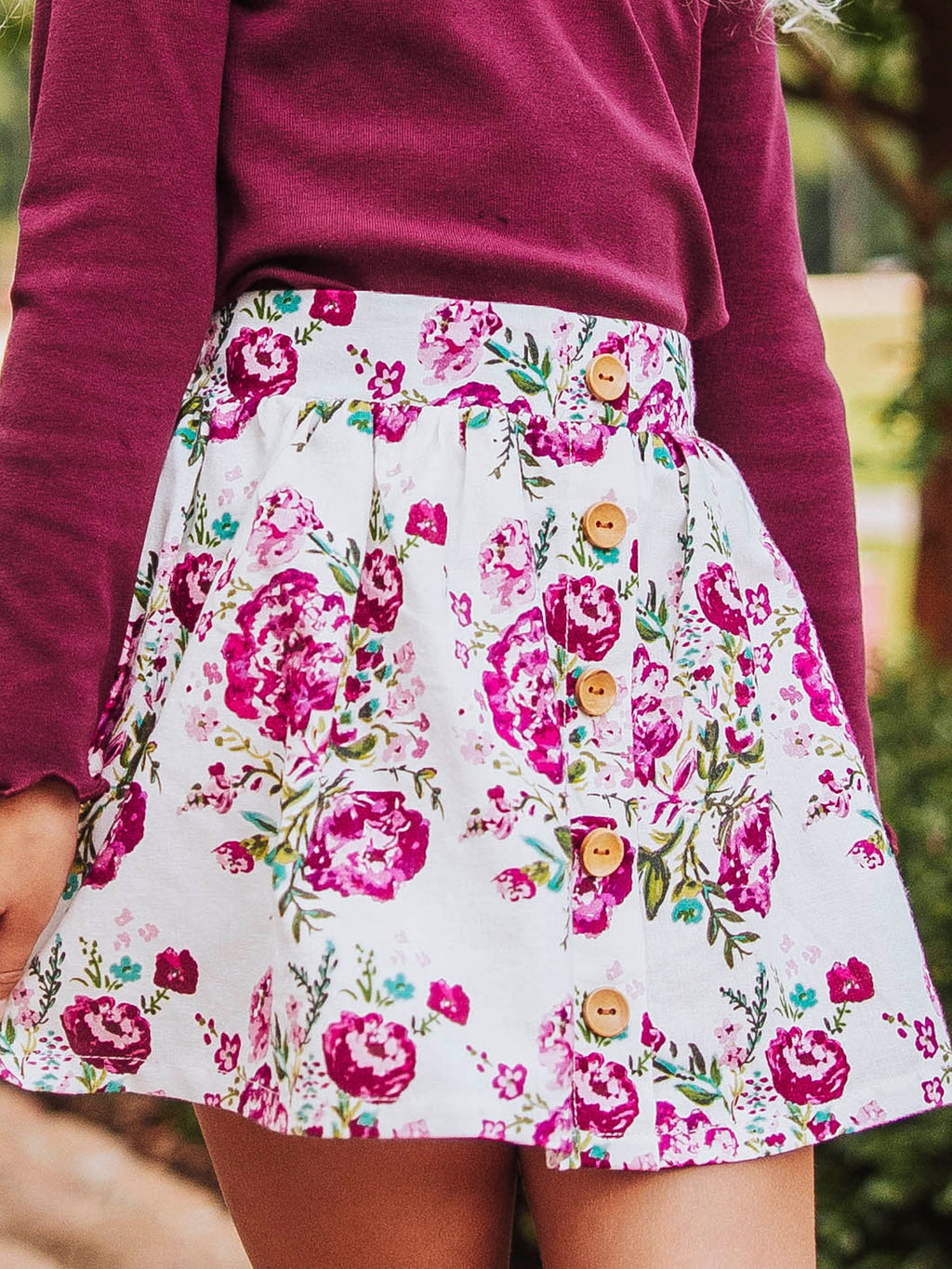 Skort - Autumn Flowers Cotton Linen Elastic Back Buttons