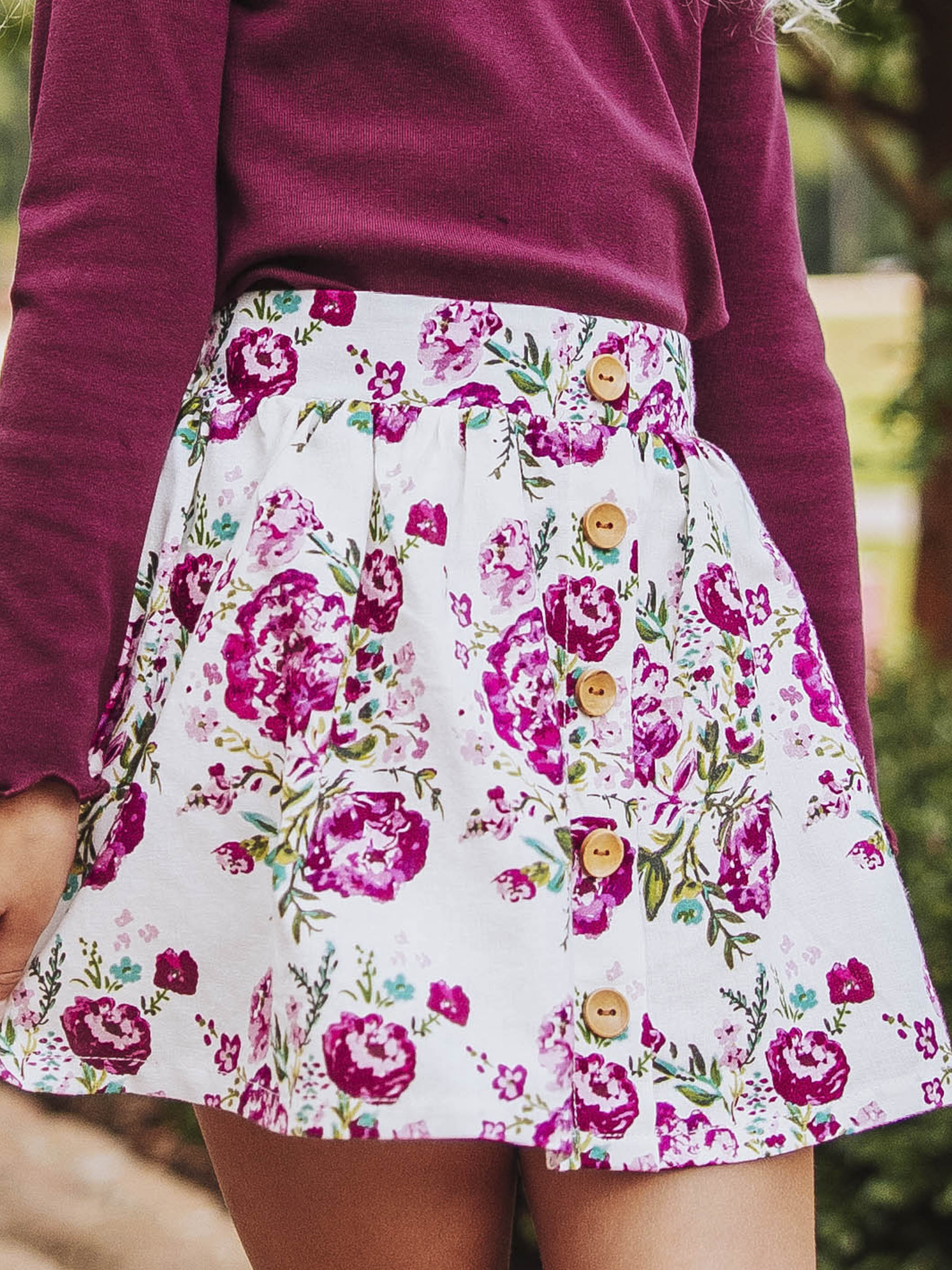 Skort - Autumn Flowers Cotton Linen Elastic Back Buttons