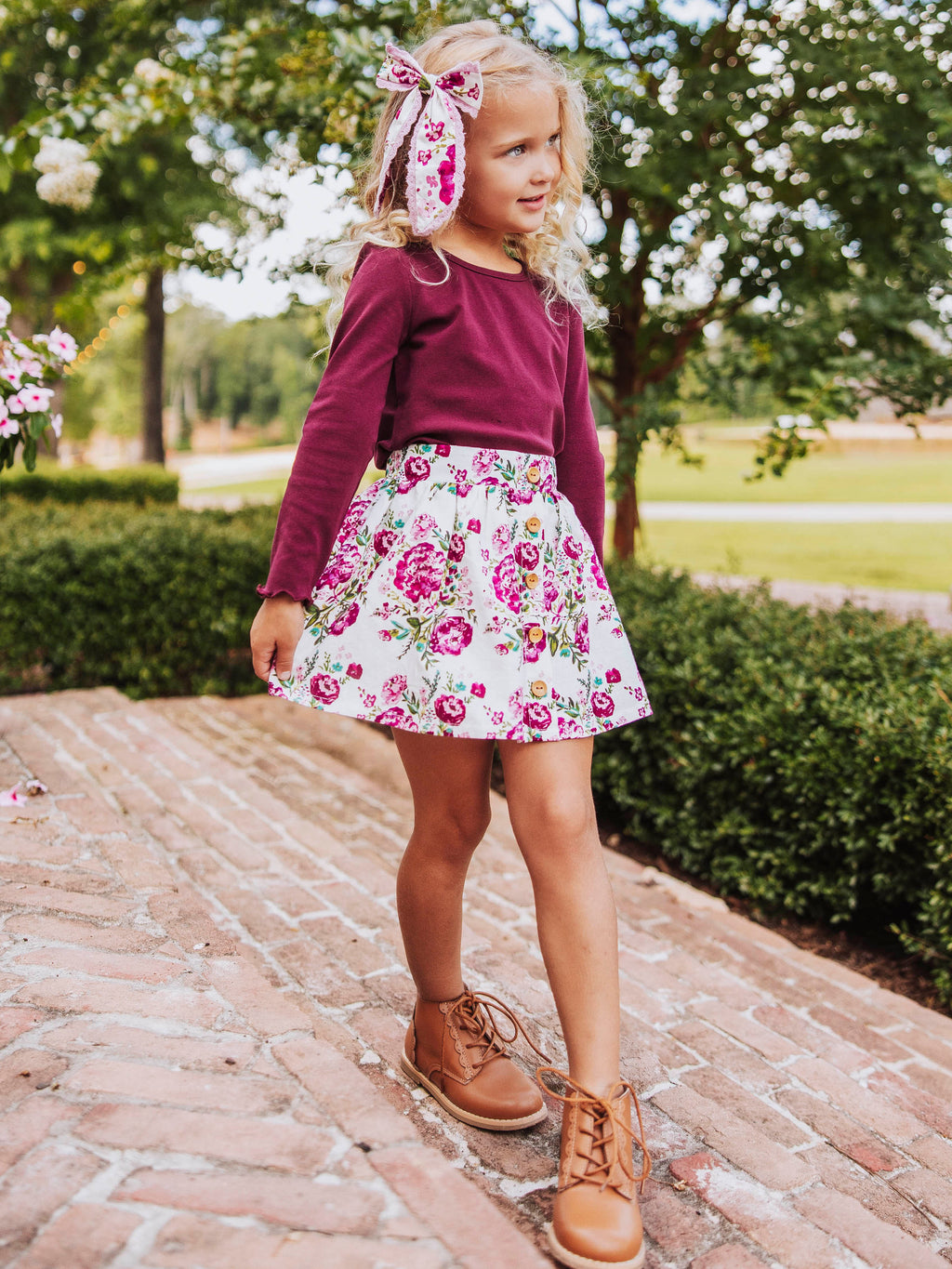 Skort - Autumn Flowers Cotton Linen Elastic Back Buttons