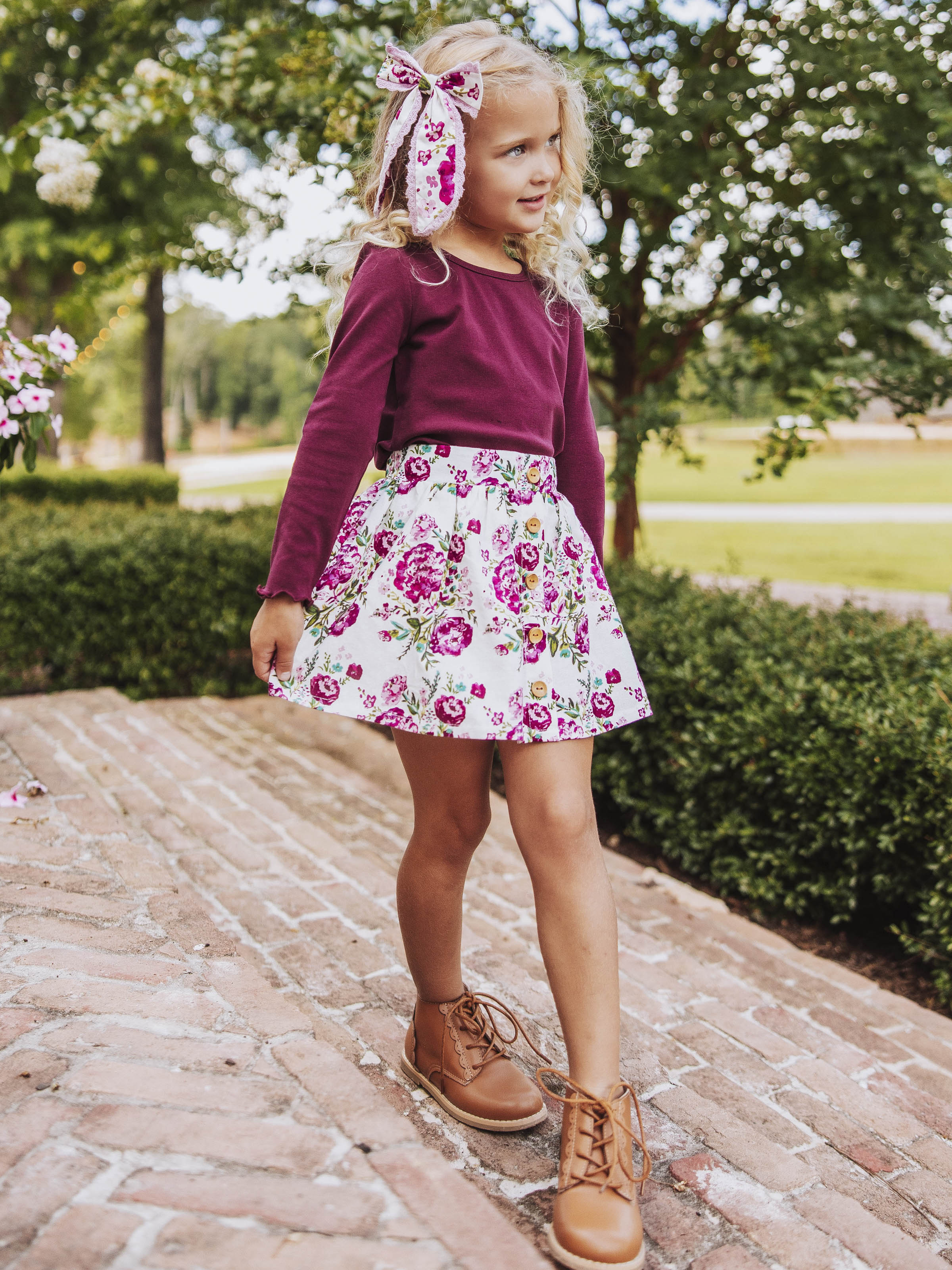 Skort - Autumn Flowers Cotton Linen Elastic Back Buttons