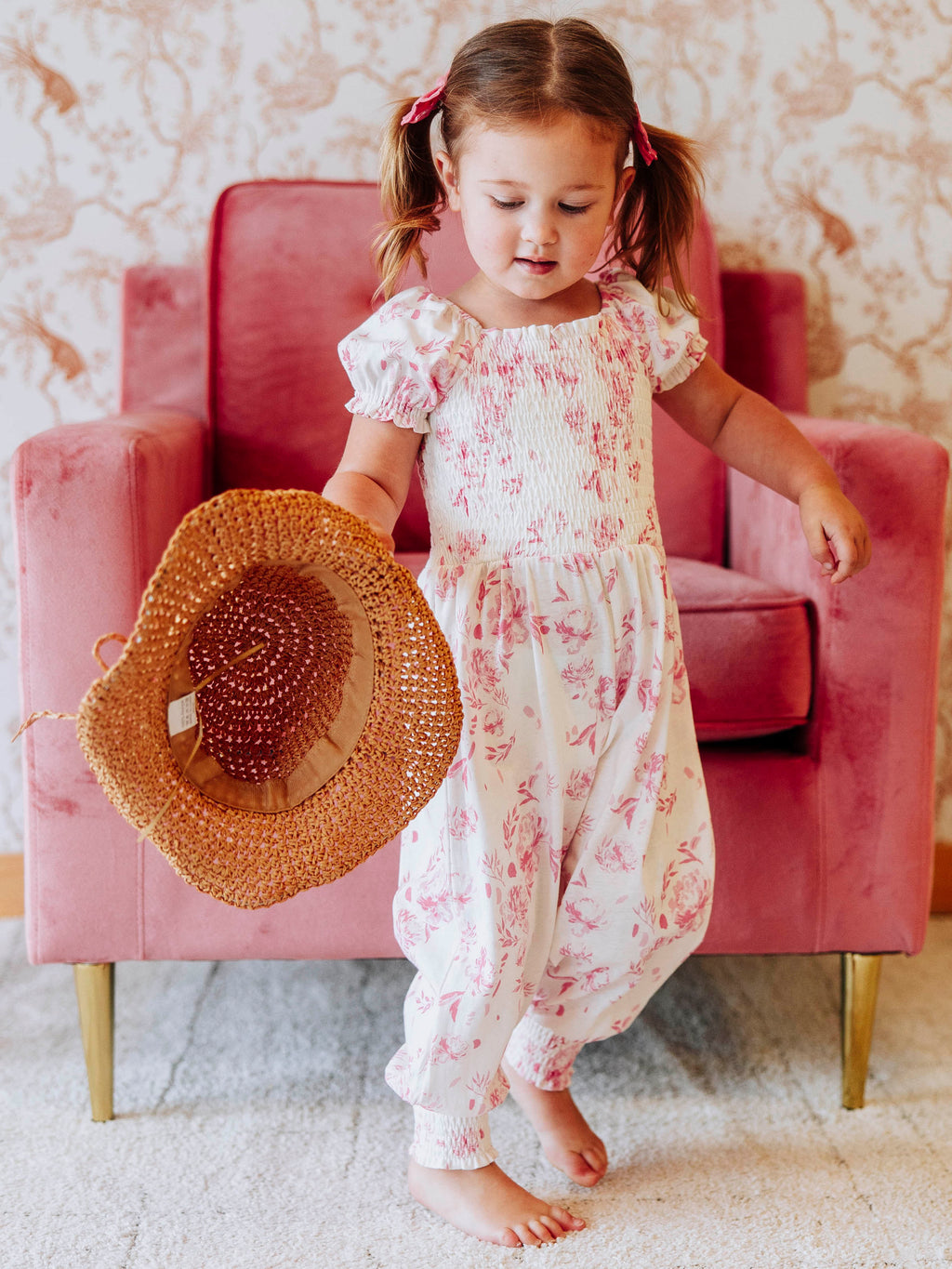 Smocked Romper - Falling Pink Petals Cotton Lined Puff Sleeves