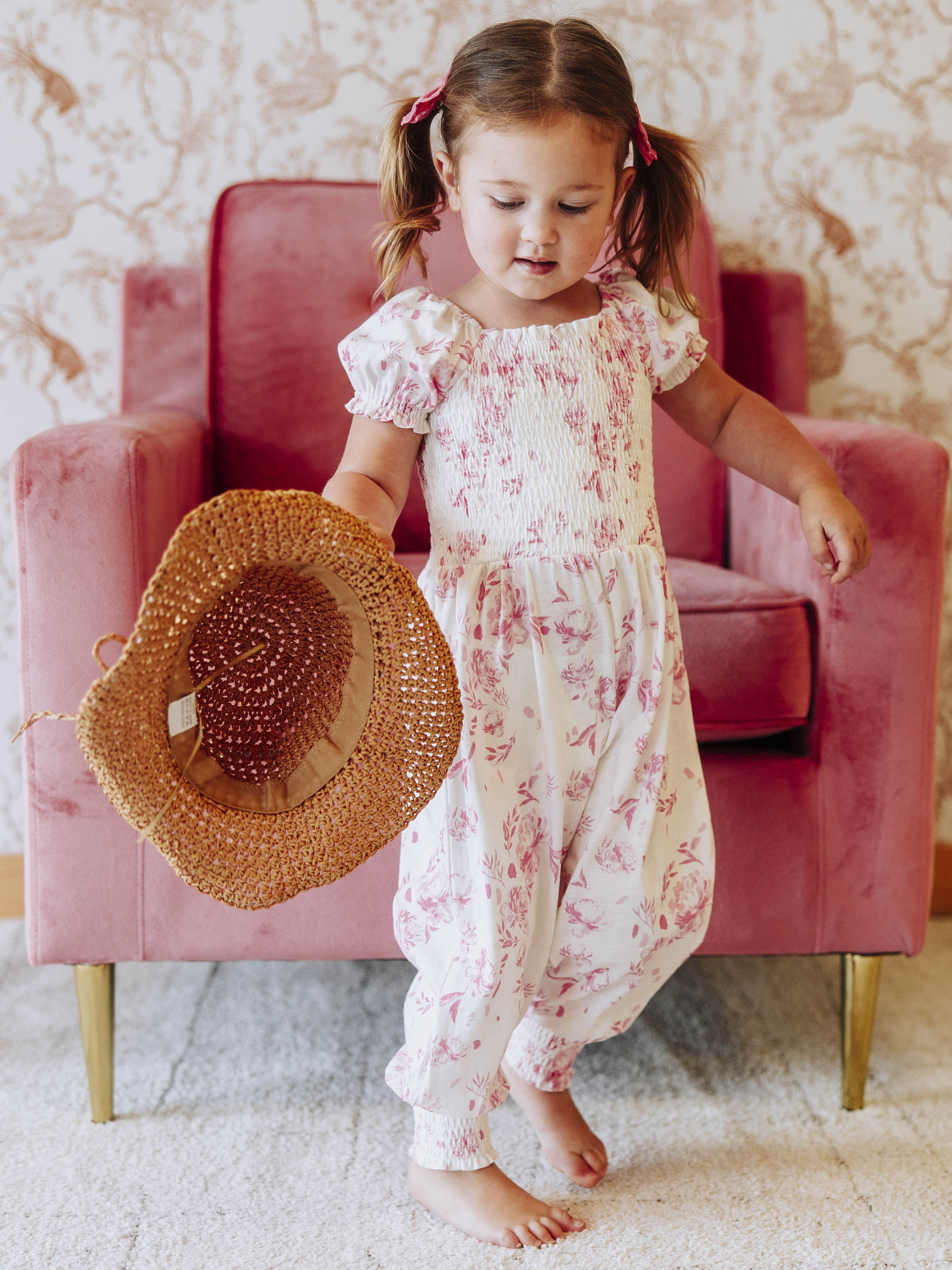 Smocked Romper - Falling Pink Petals Cotton Lined Puff Sleeves