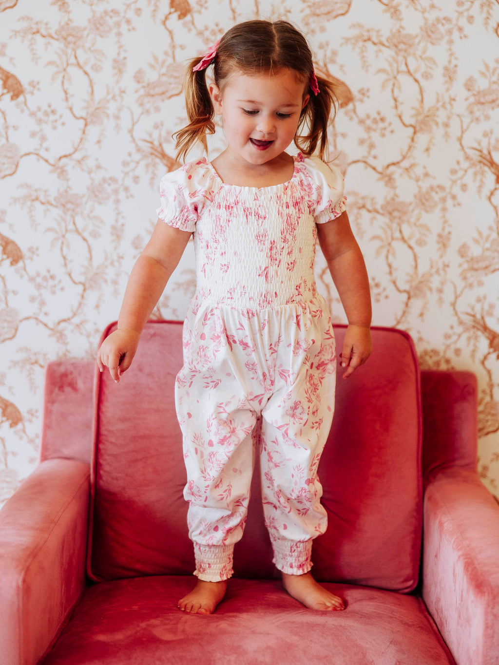 Smocked Romper - Falling Pink Petals Cotton Lined Puff Sleeves