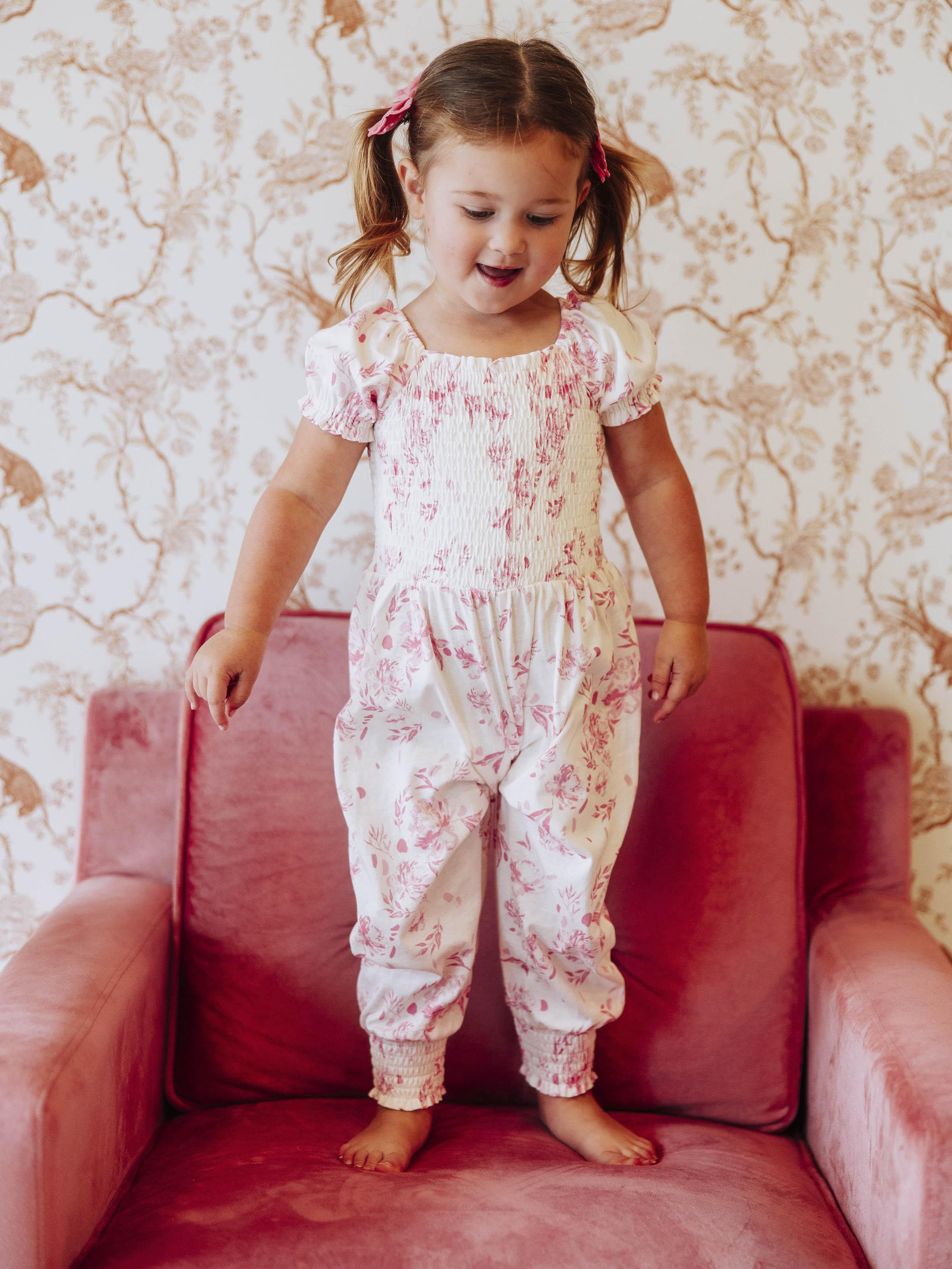 Smocked Romper - Falling Pink Petals Cotton Lined Puff Sleeves