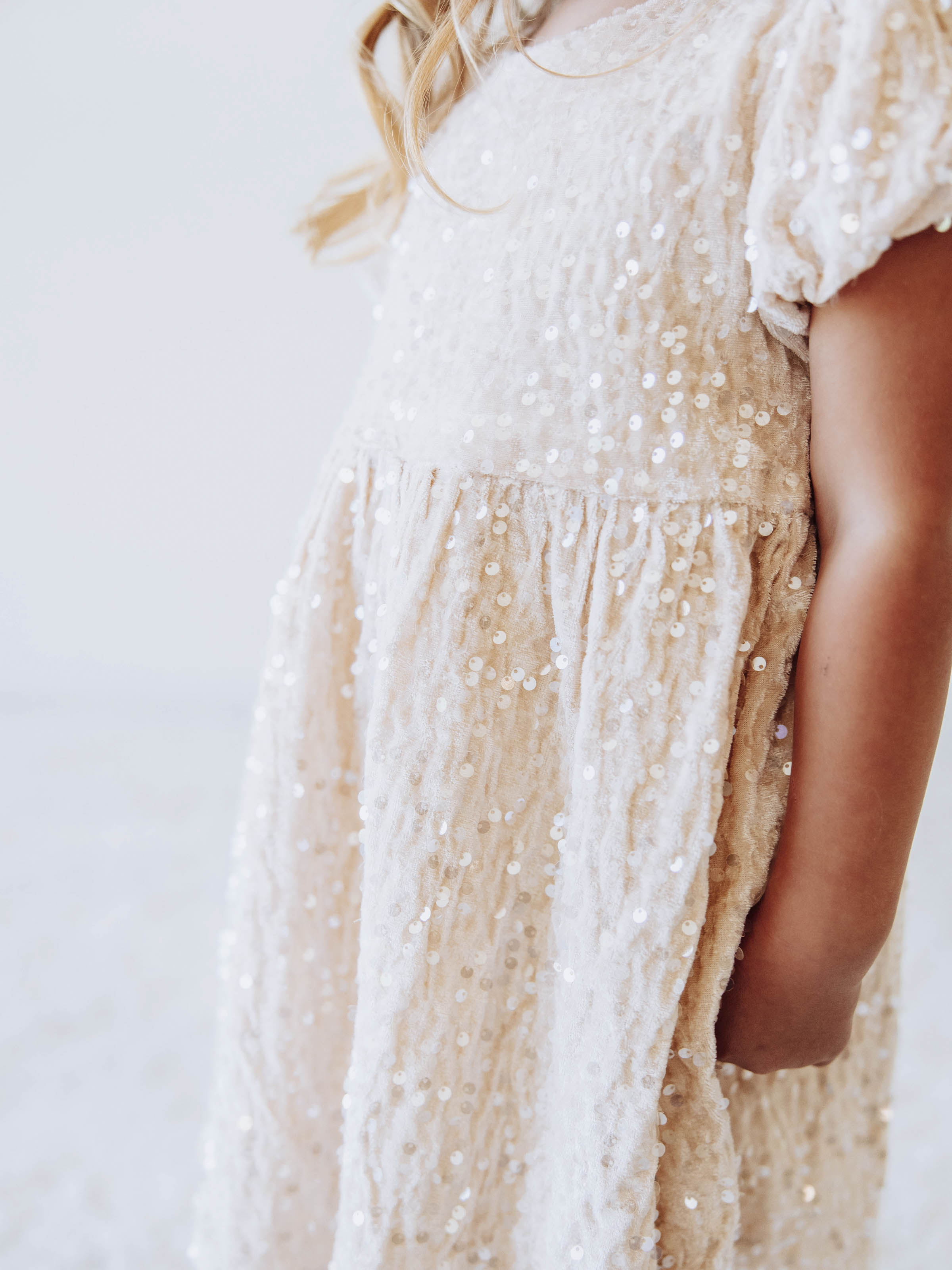 Sequin Dress - Champagne Sparkle Polyester Lined Zip Puff Sleeve