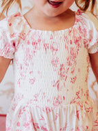 Smocked Romper - Falling Pink Petals Cotton Lined Puff Sleeves
