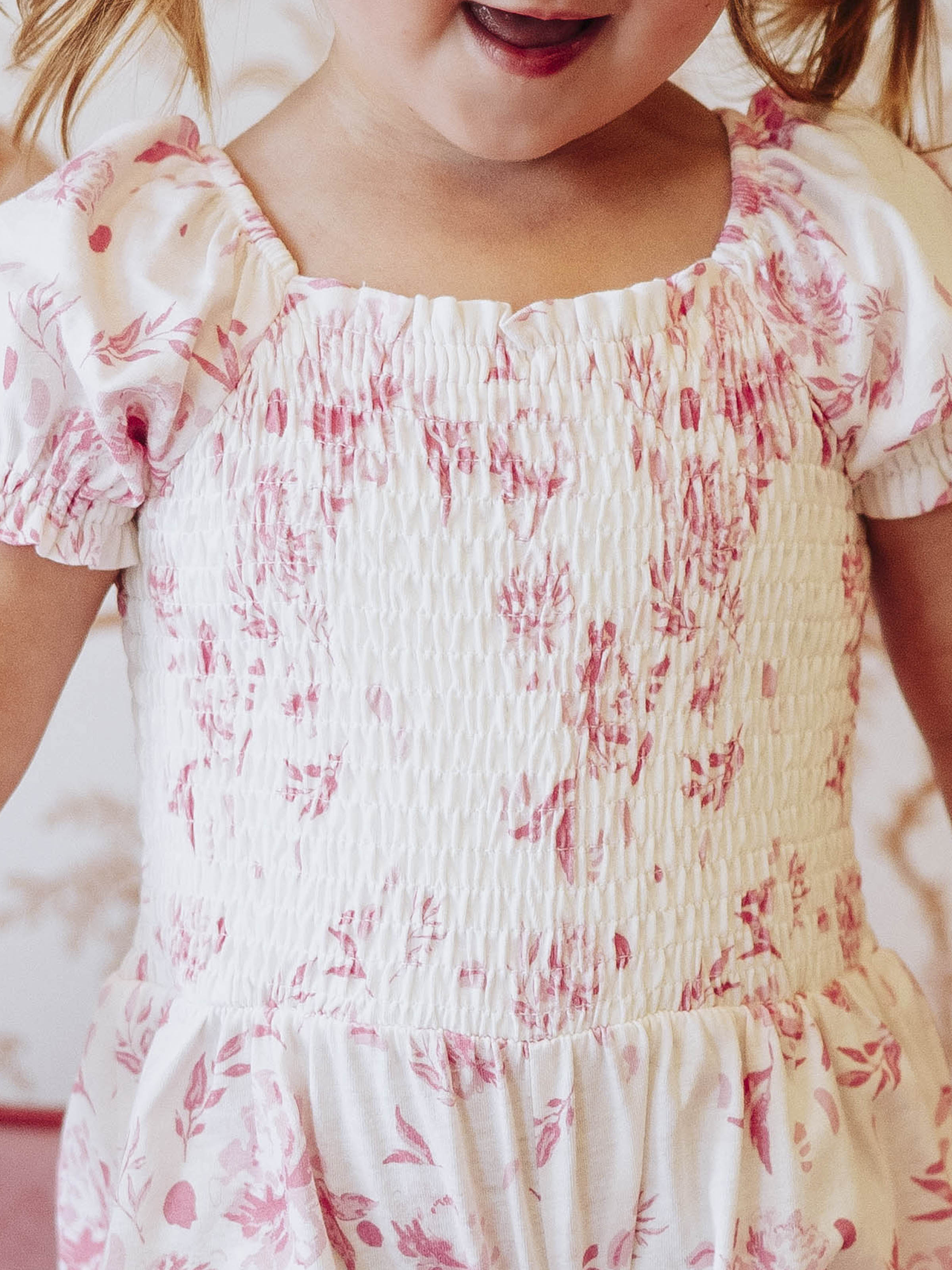 Smocked Romper - Falling Pink Petals Cotton Lined Puff Sleeves