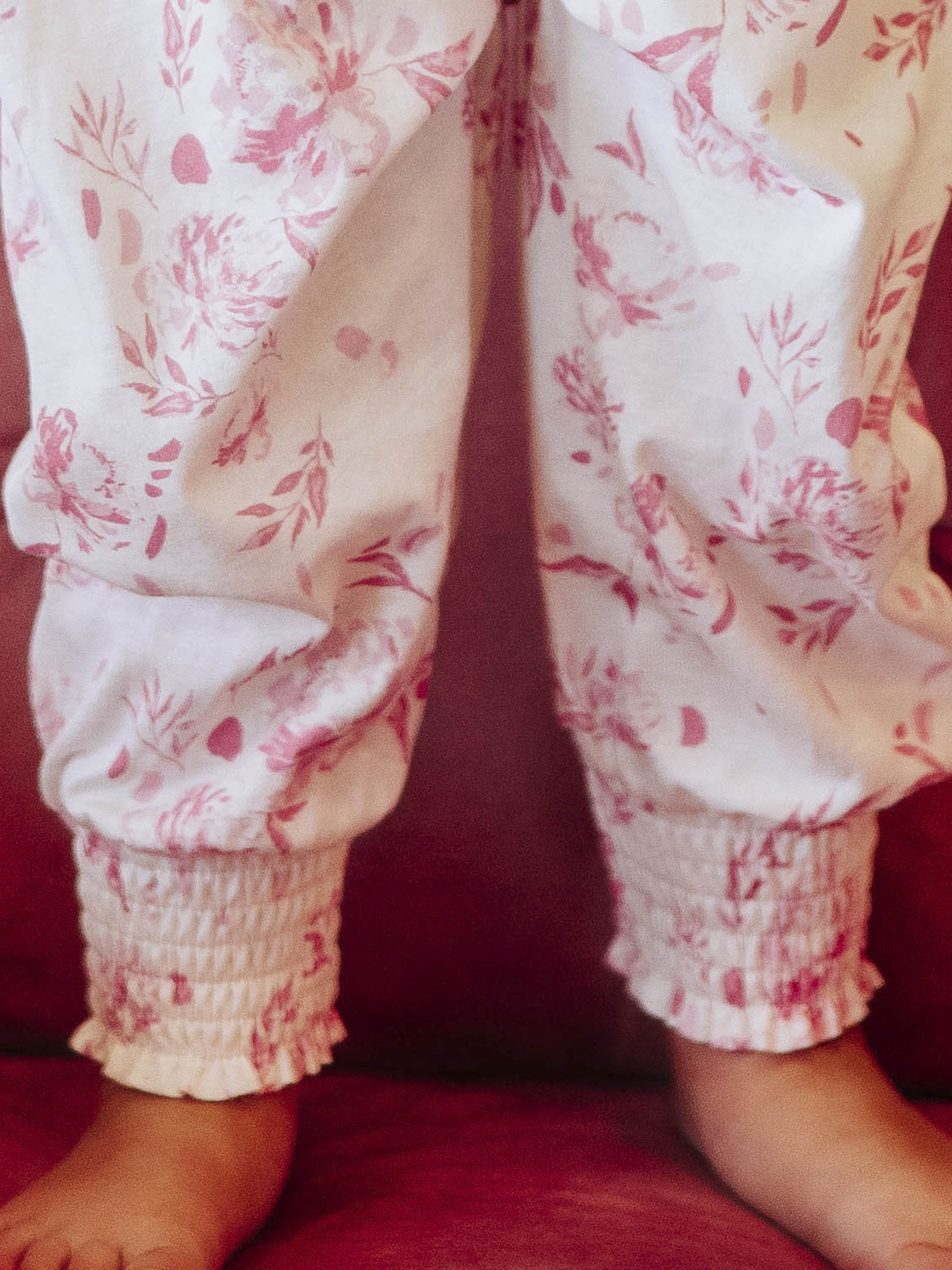 Smocked Romper - Falling Pink Petals Cotton Lined Puff Sleeves