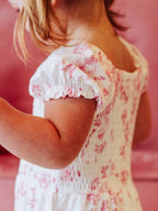 Smocked Romper - Falling Pink Petals Cotton Lined Puff Sleeves