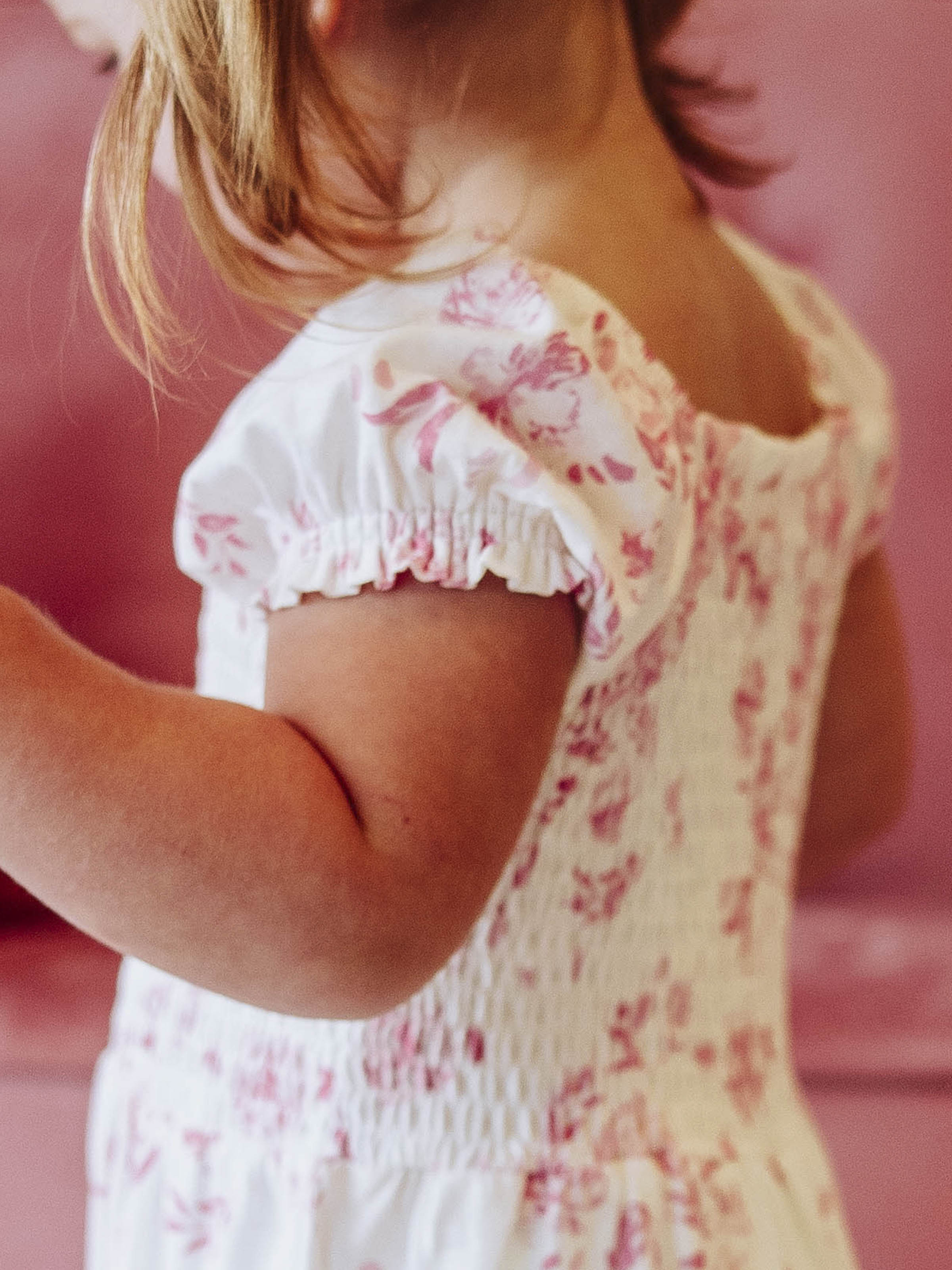 Smocked Romper - Falling Pink Petals Cotton Lined Puff Sleeves