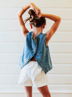 Ruffled Denim Tank - Vintage Wash Cotton Ruffle Back Placket
