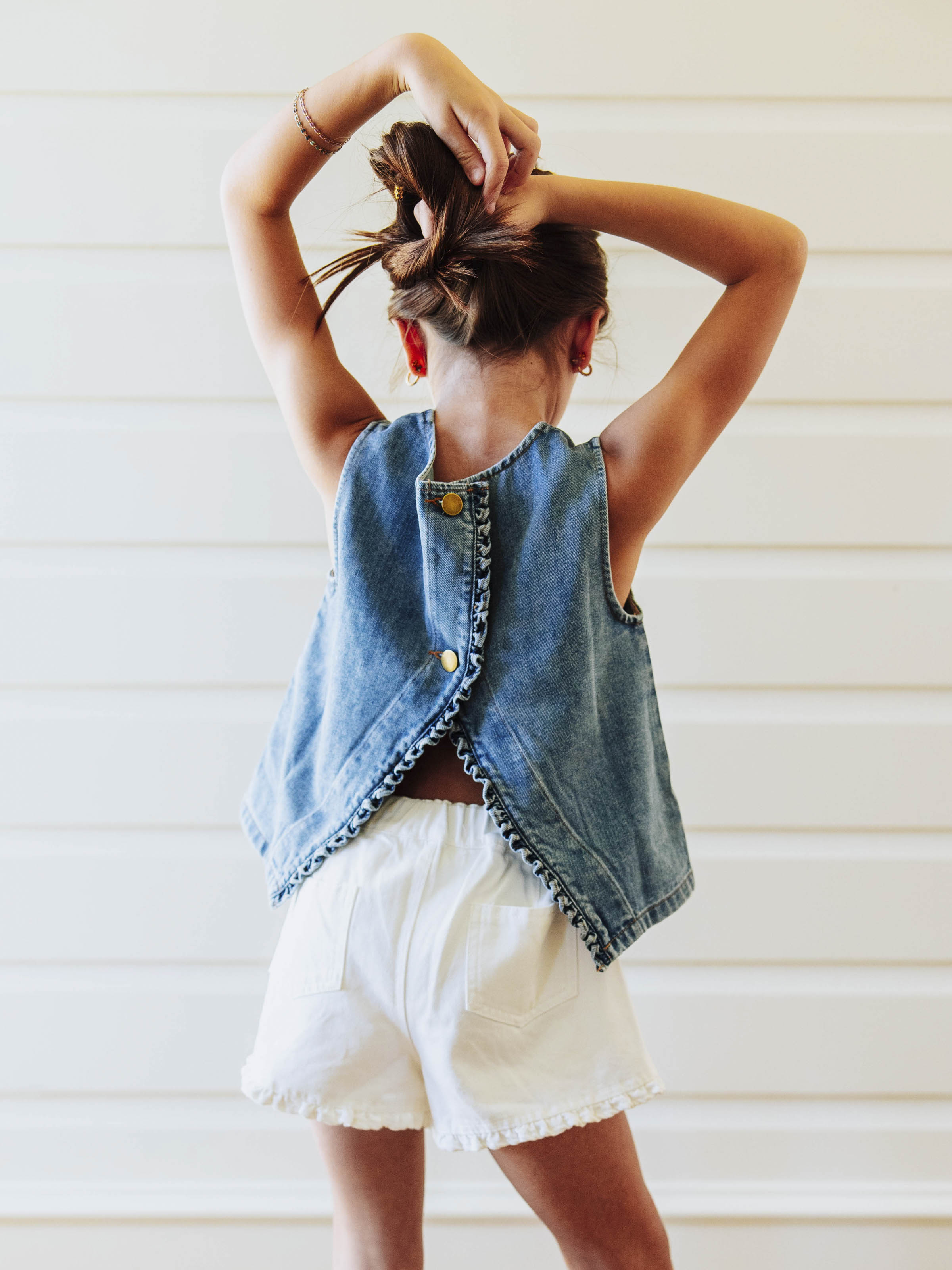 Ruffled Denim Tank - Vintage Wash Cotton Ruffle Back Placket