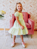Puff Sleeve Dress - Green Gingham Smocked Cotton Lined Pockets