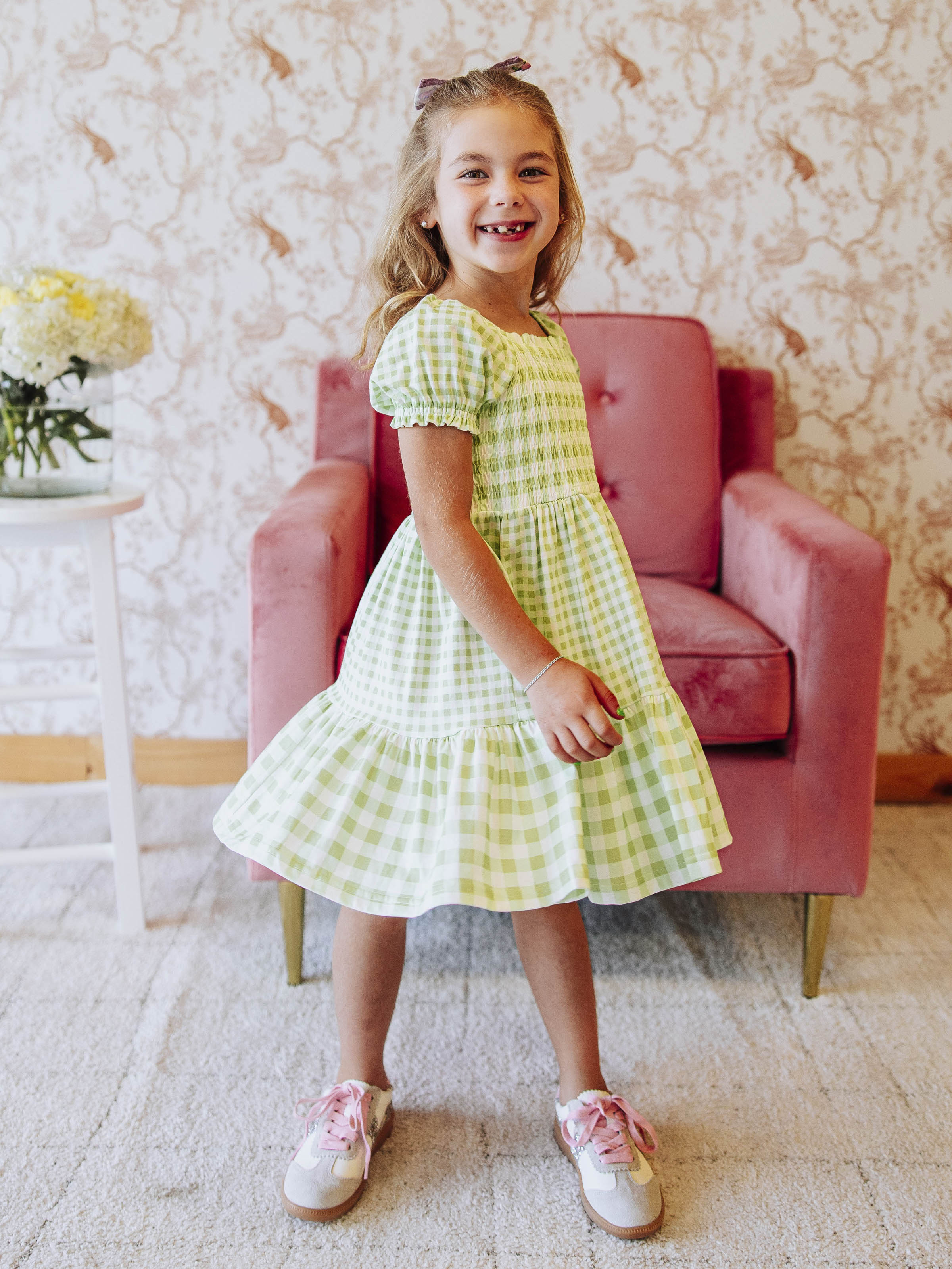 Puff Sleeve Dress - Green Gingham Smocked Cotton Lined Pockets