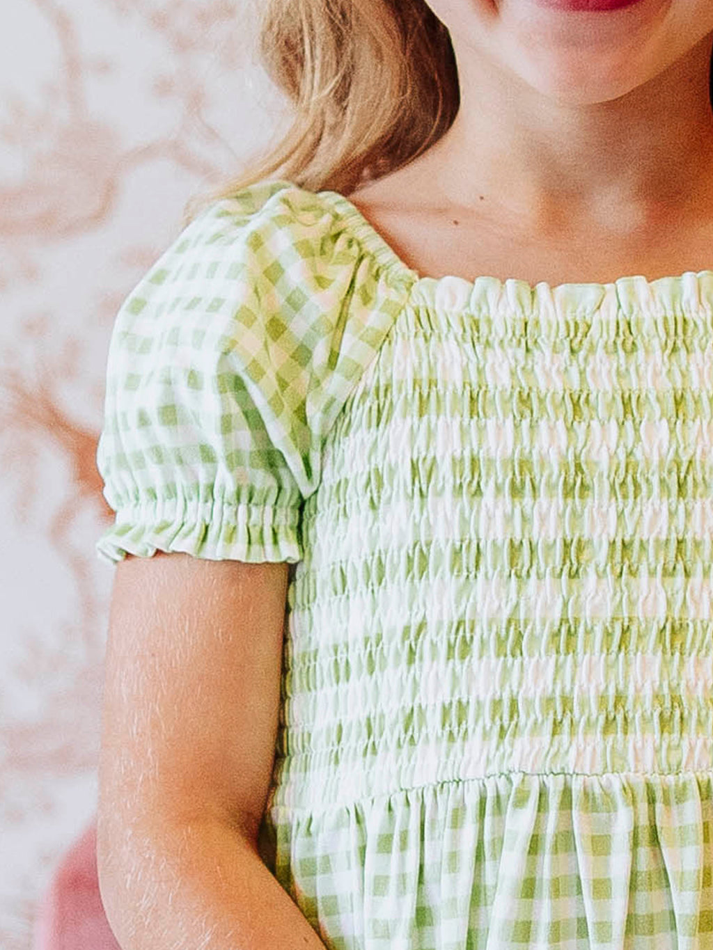 Puff Sleeve Dress - Green Gingham Smocked Cotton Lined Pockets