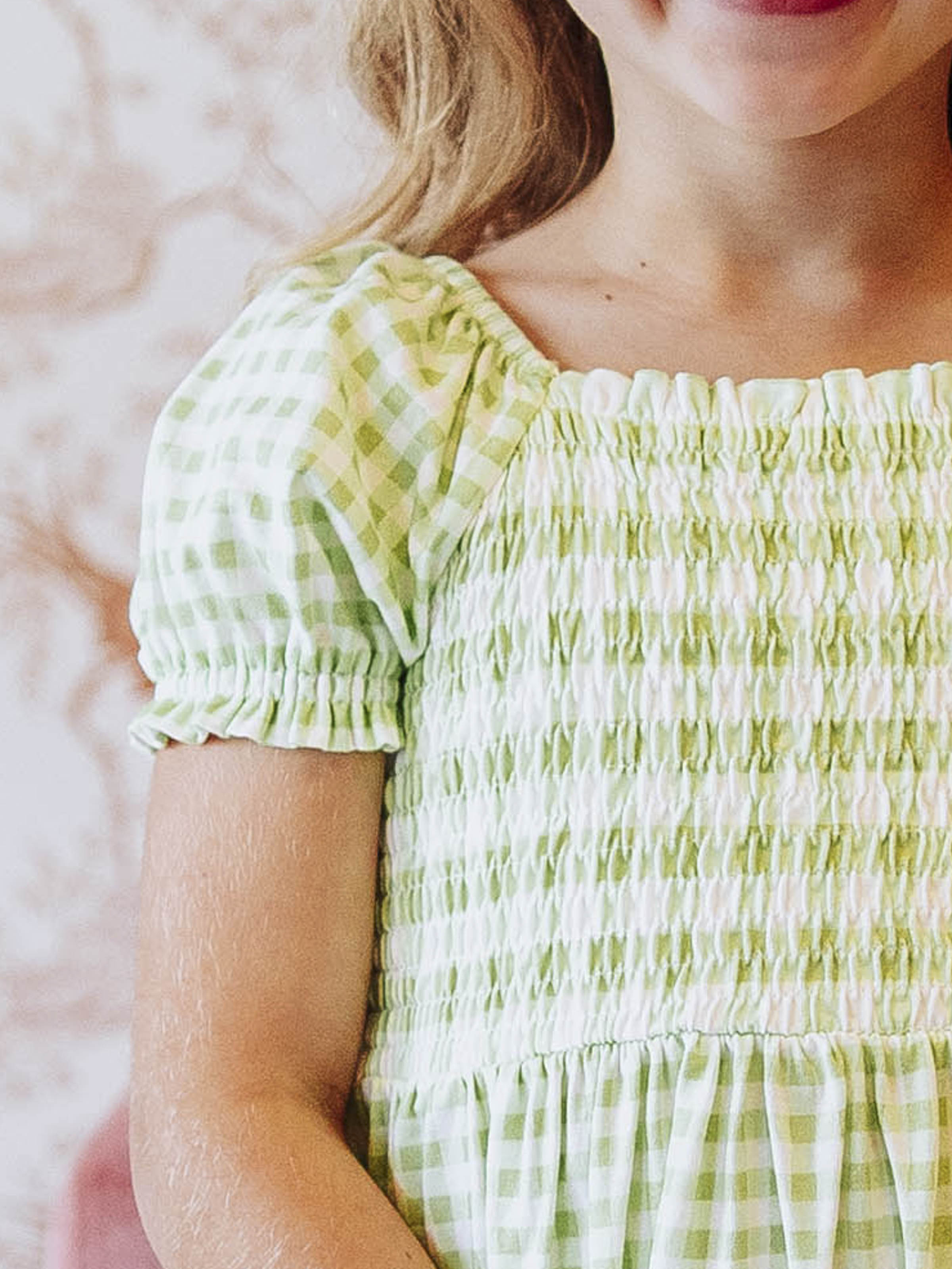 Puff Sleeve Dress - Green Gingham Smocked Cotton Lined Pockets