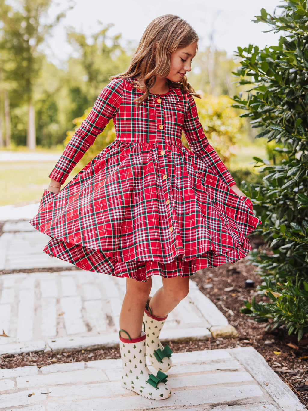 Button Front Dress - Merry Plaid Lined Collar Double Skirt