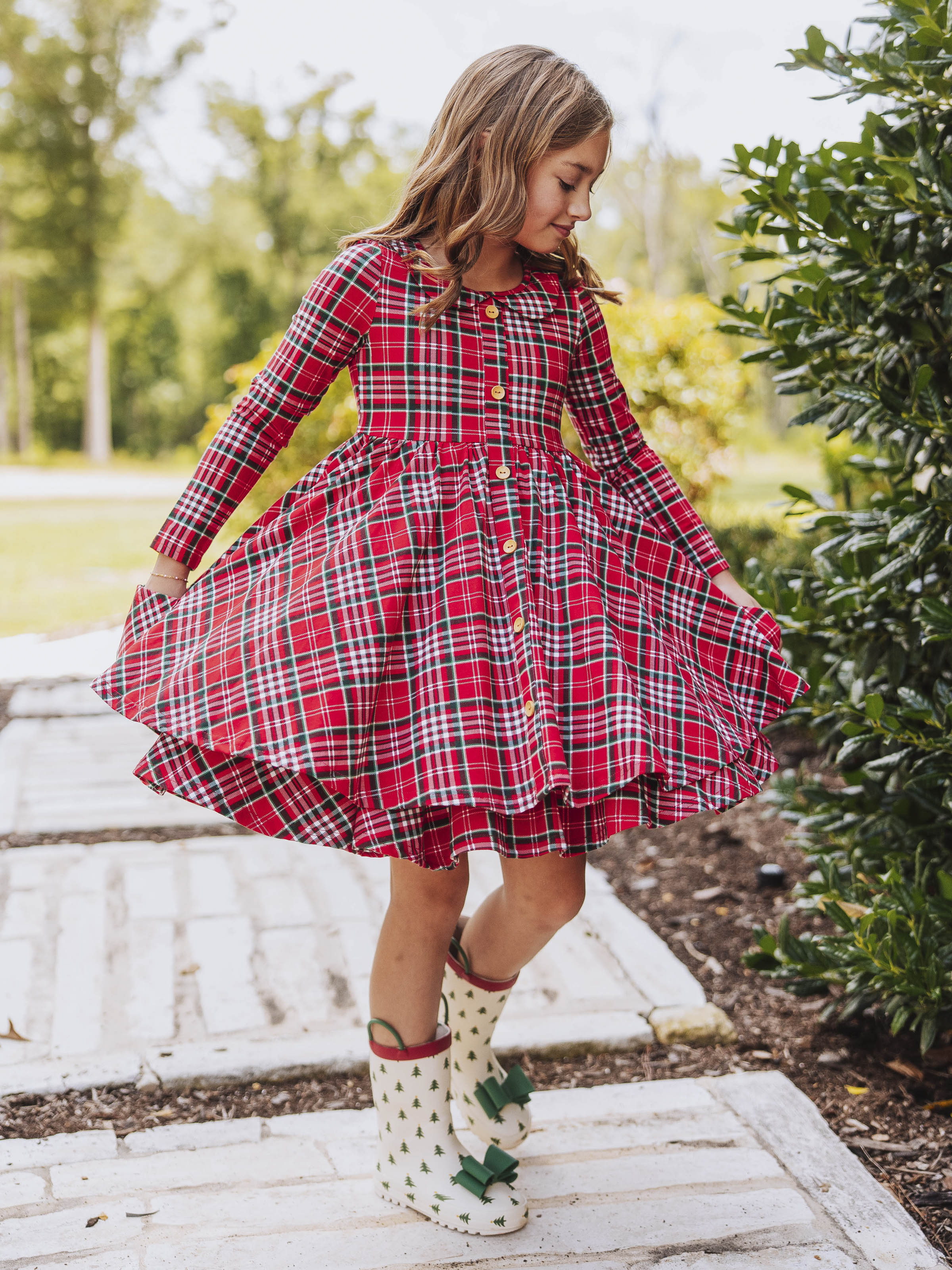 Button Front Dress - Merry Plaid Lined Collar Double Skirt
