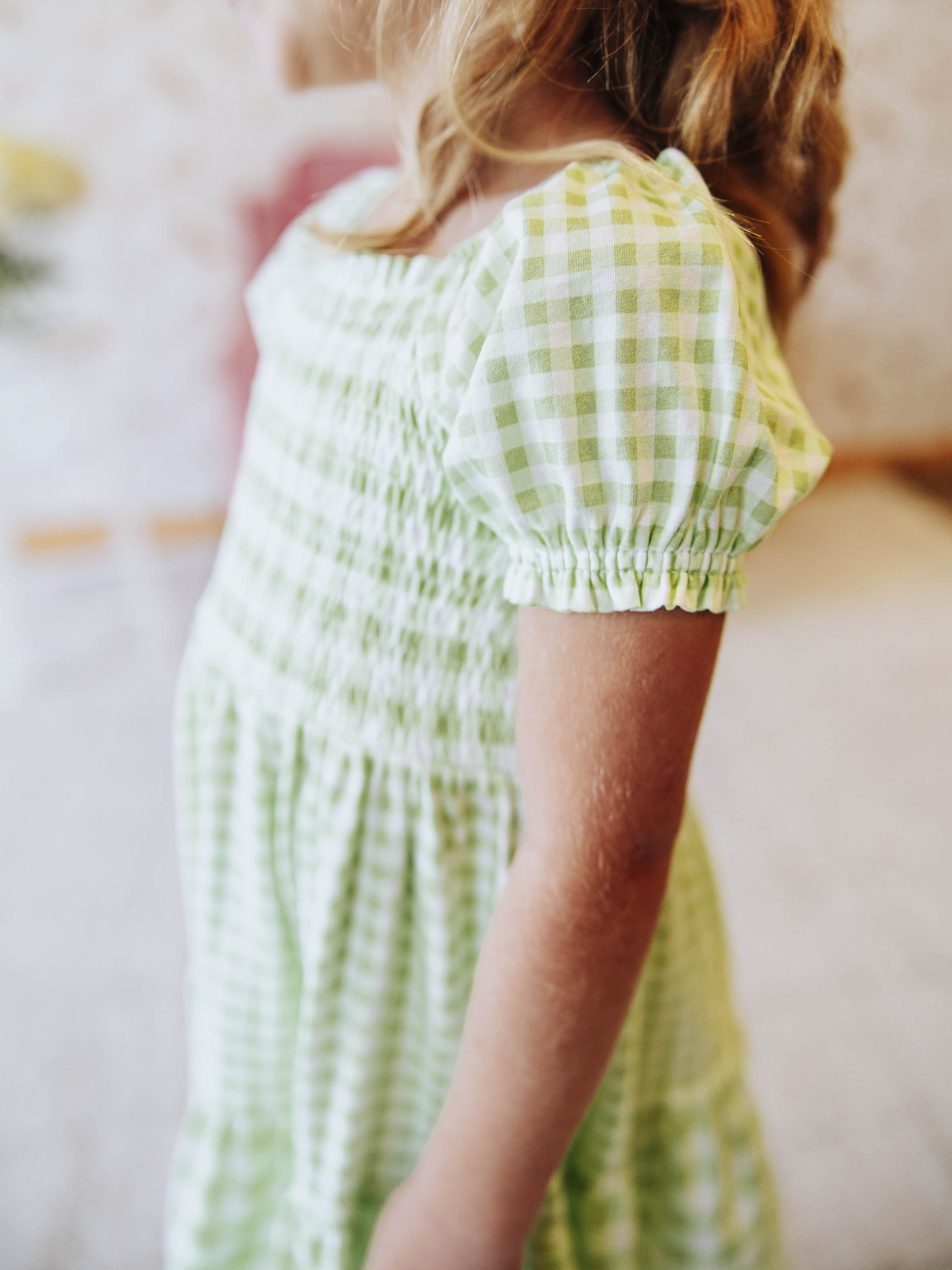 Puff Sleeve Dress - Green Gingham Smocked Cotton Lined Pockets