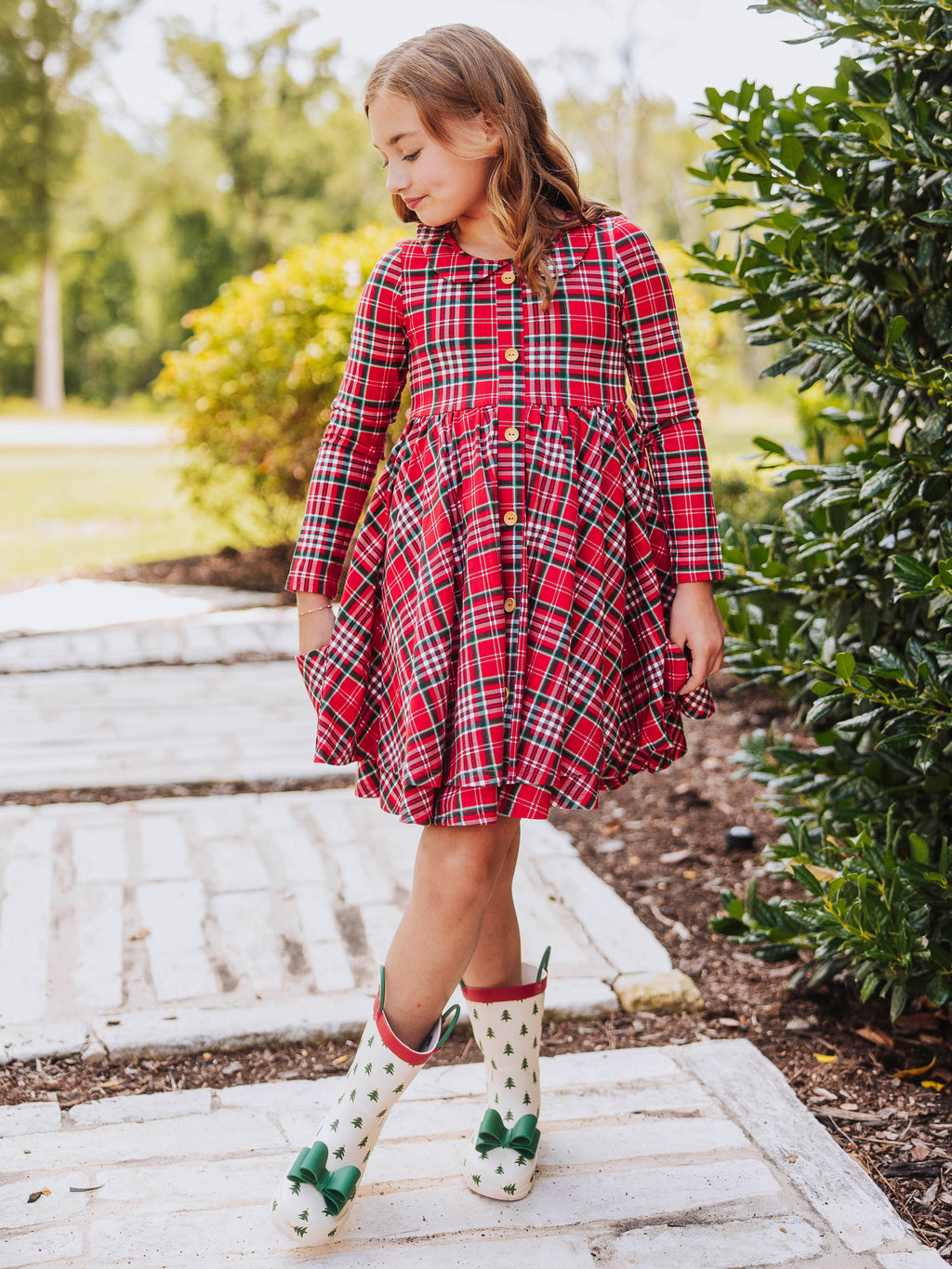 Button Front Dress - Merry Plaid Lined Collar Double Skirt