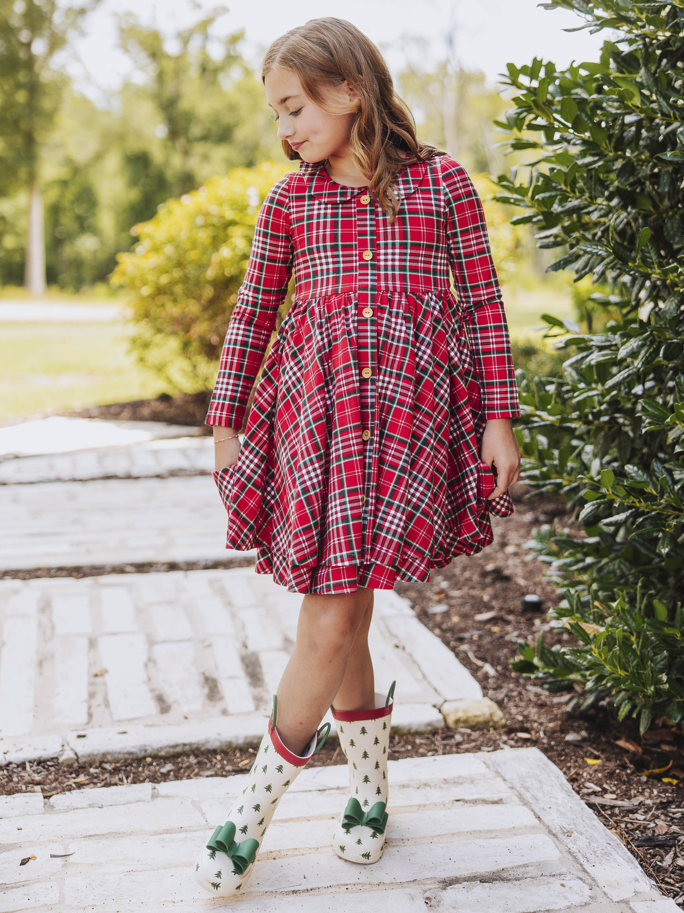 Button Front Dress - Merry Plaid Lined Collar Double Skirt
