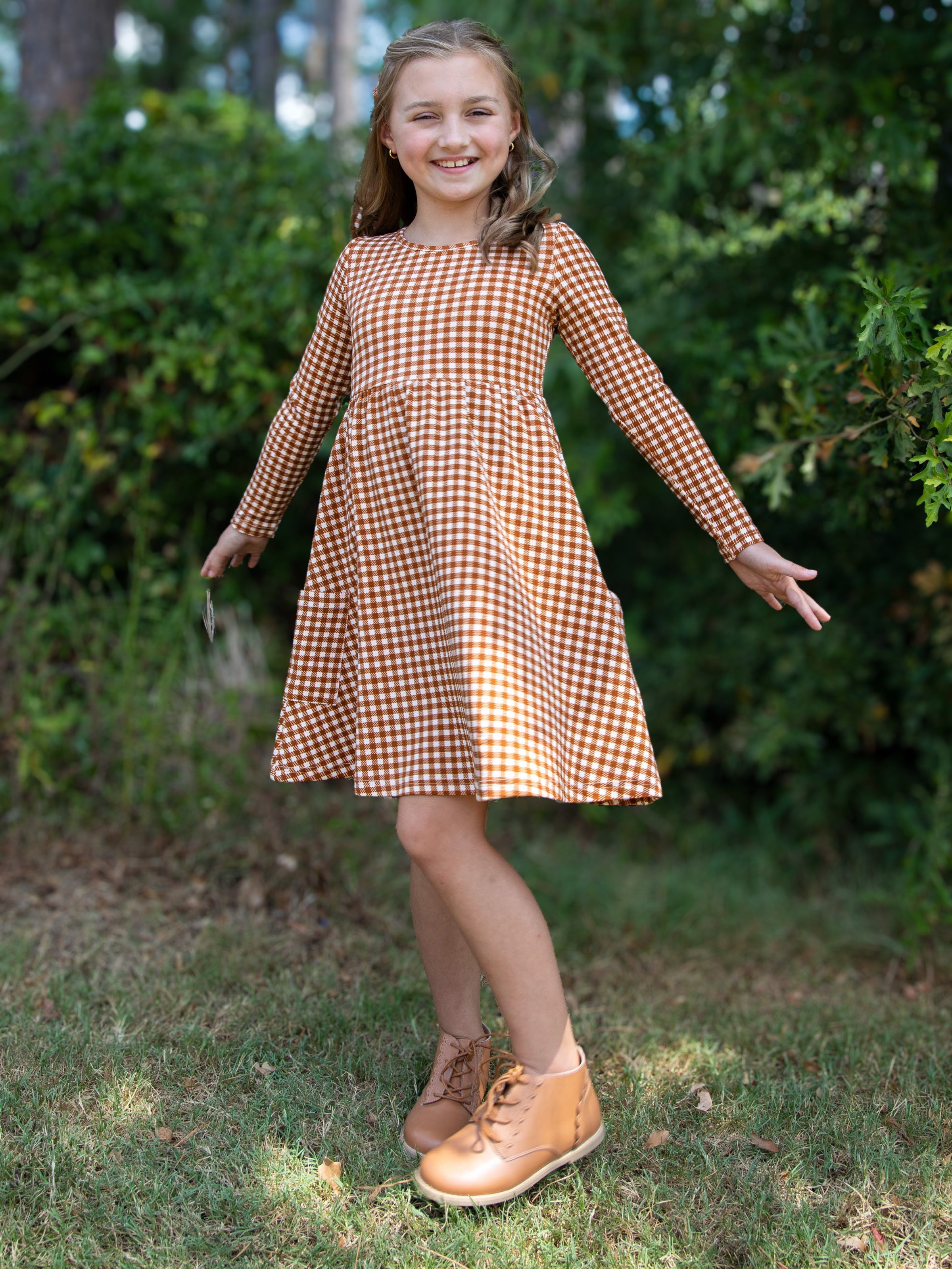 Fitted Ribbed Dress - Brown Check Cotton Spandex Stretch