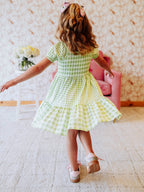 Puff Sleeve Dress - Green Gingham Smocked Cotton Lined Pockets
