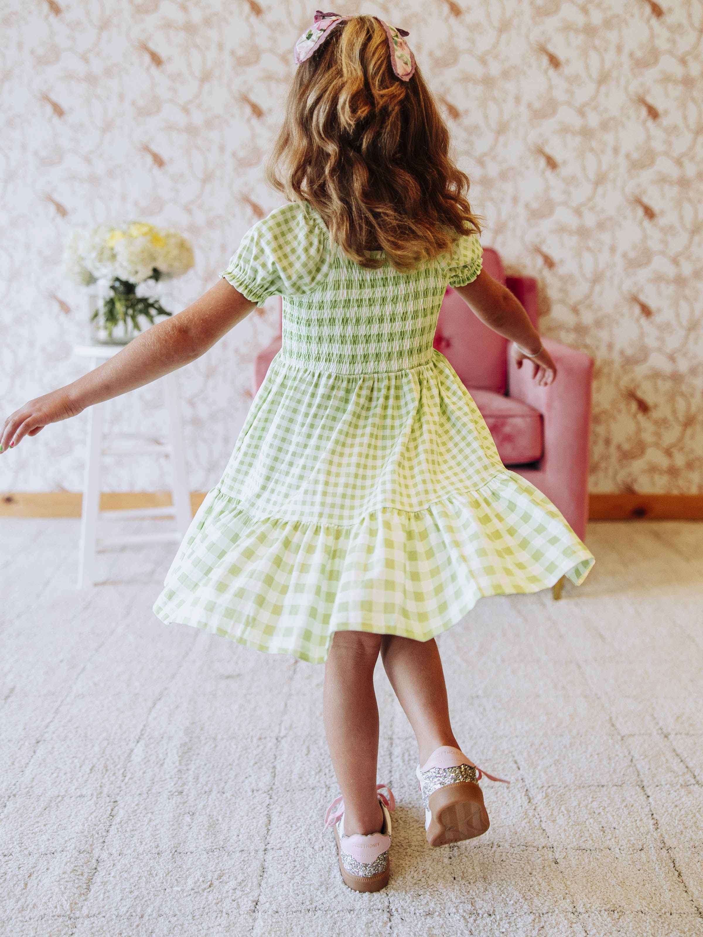 Puff Sleeve Dress - Green Gingham Smocked Cotton Lined Pockets