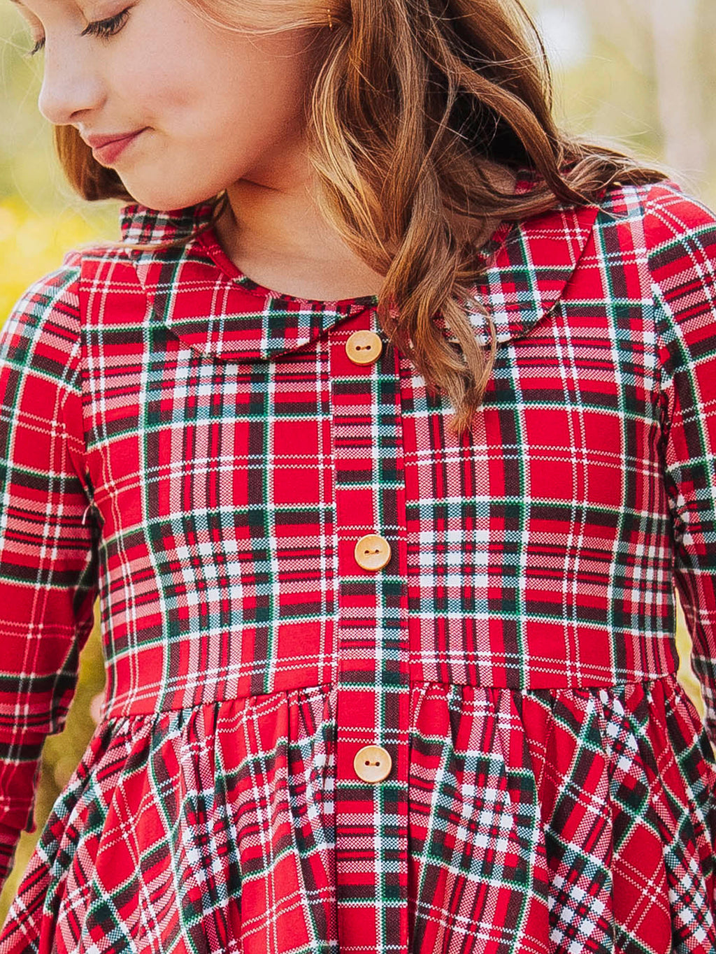 Button Front Dress - Merry Plaid Lined Collar Double Skirt