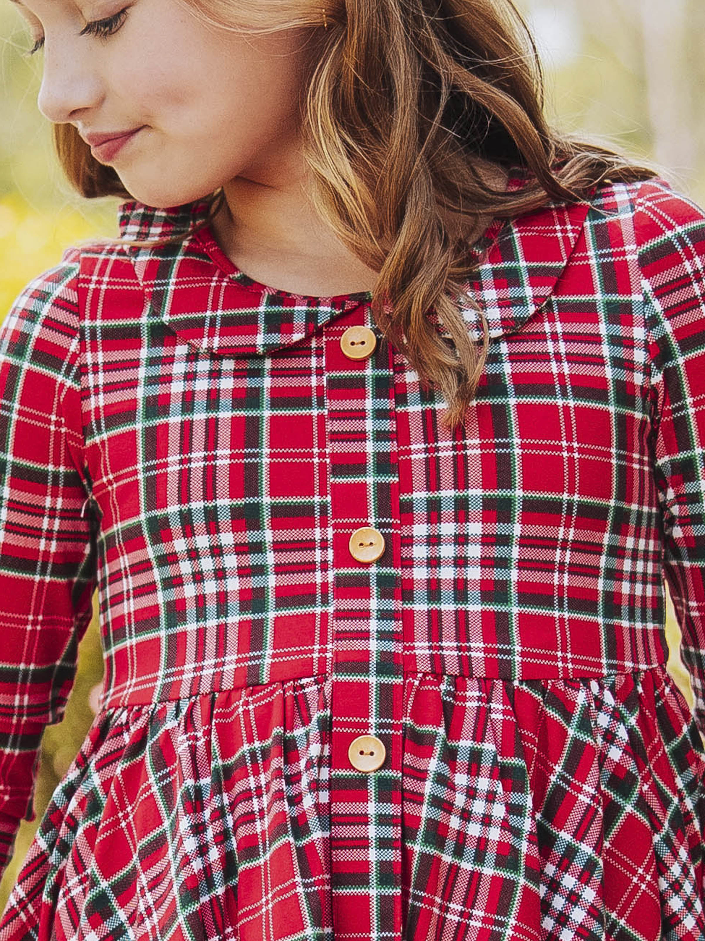 Button Front Dress - Merry Plaid Lined Collar Double Skirt
