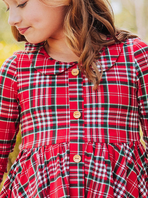 Button Front Dress - Merry Plaid Lined Collar Double Skirt
