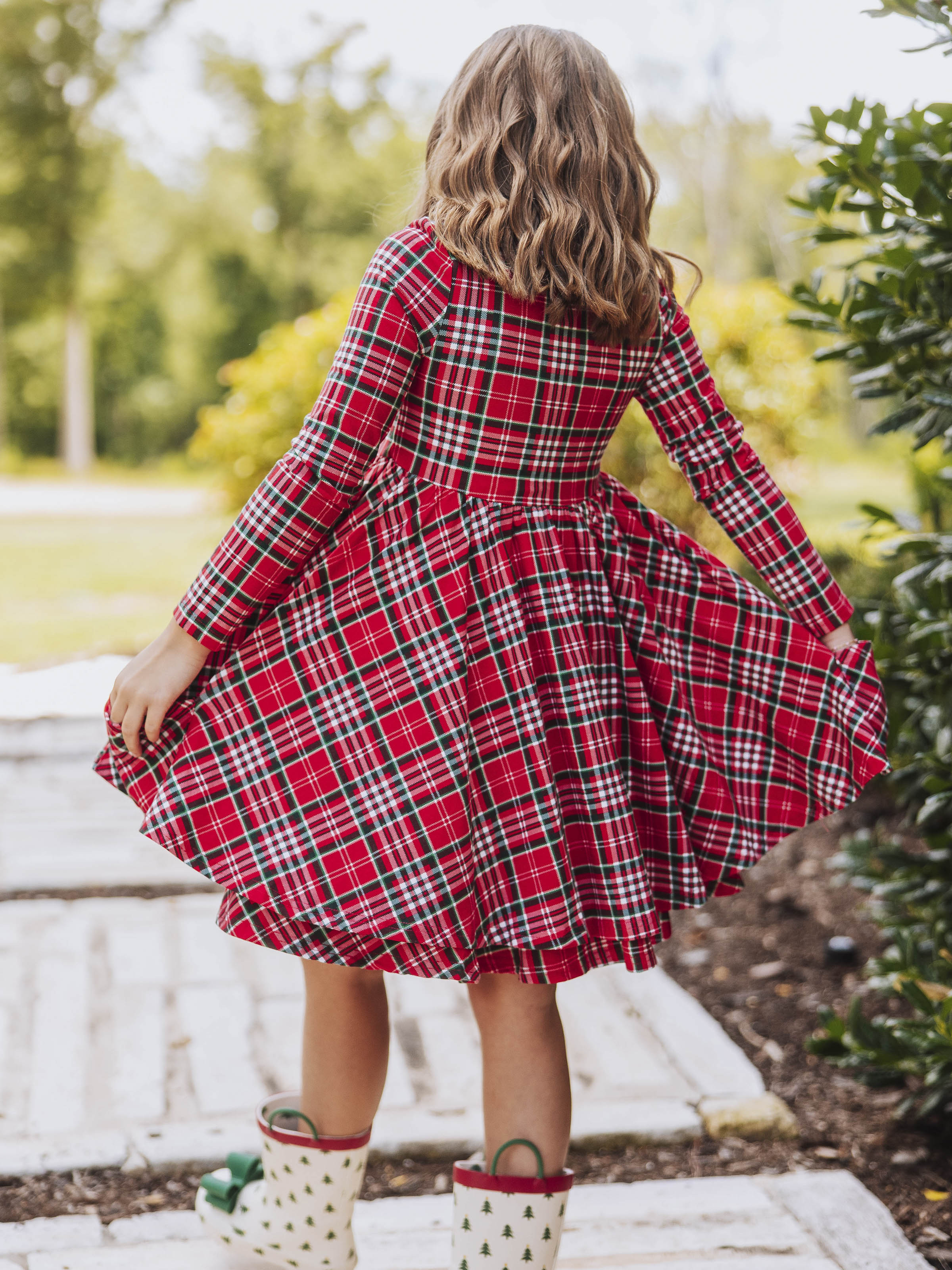 Button Front Dress - Merry Plaid Lined Collar Double Skirt
