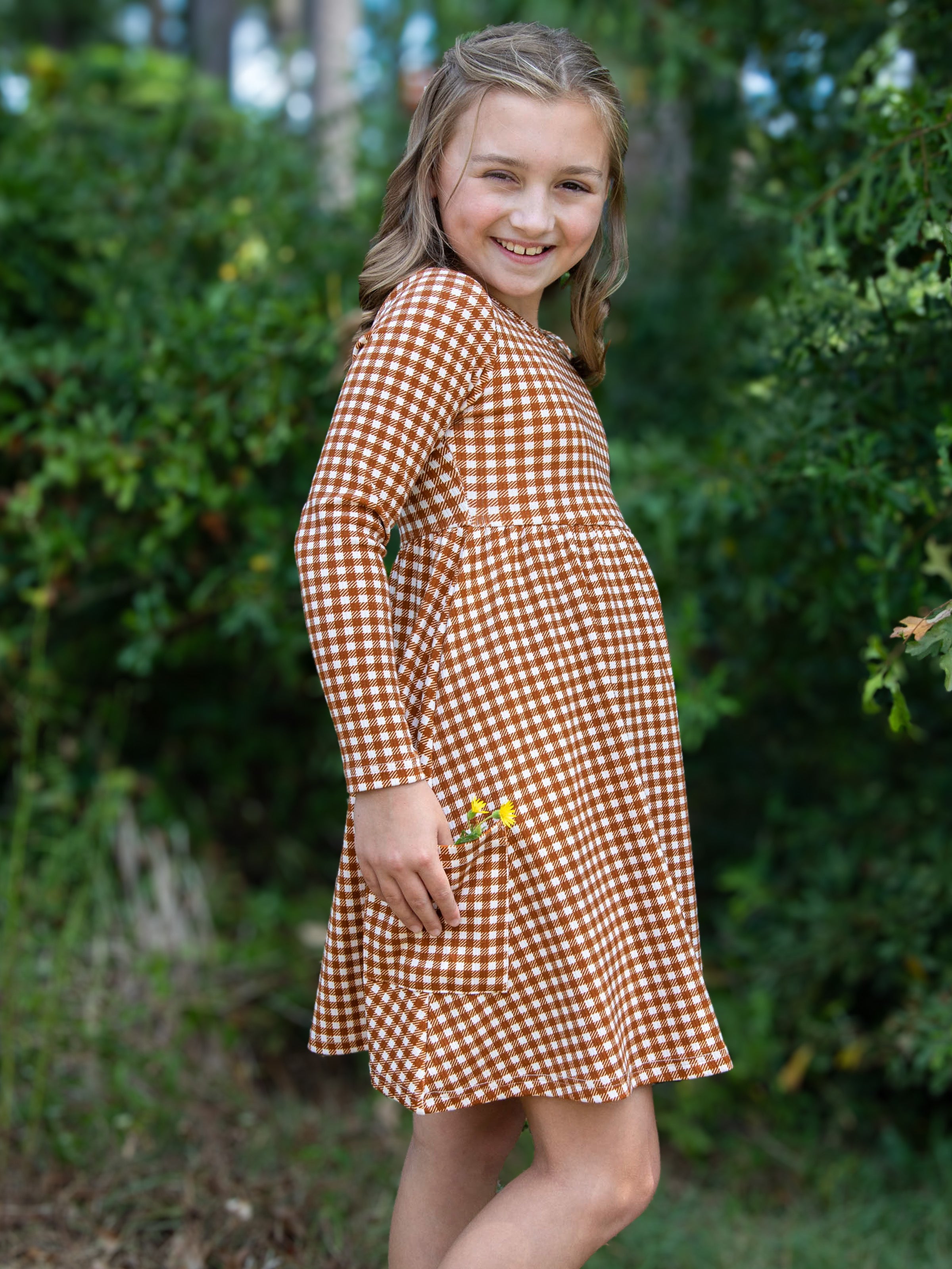 Fitted Ribbed Dress - Brown Check Cotton Spandex Stretch