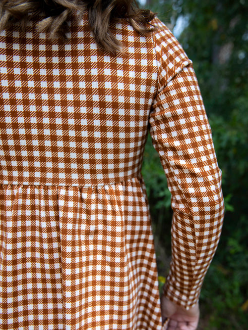 Fitted Ribbed Dress - Brown Check Cotton Spandex Stretch