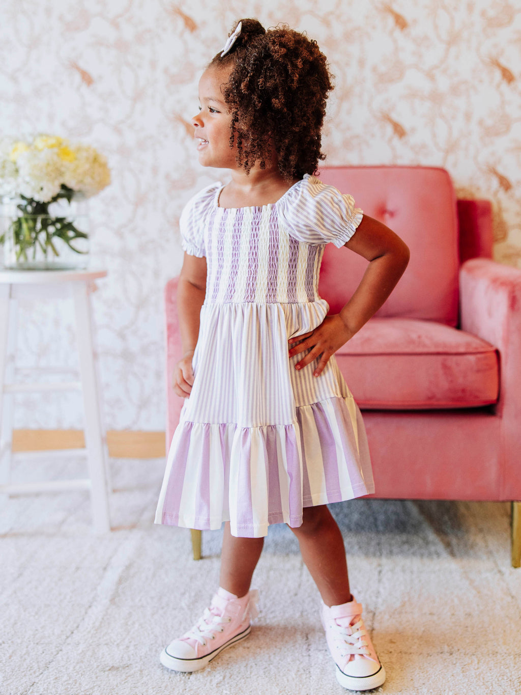 Puff Sleeve Dress - Purple Stripe Smocked Cotton Hidden Pockets