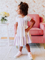 Puff Sleeve Dress - Purple Stripe Smocked Cotton Hidden Pockets
