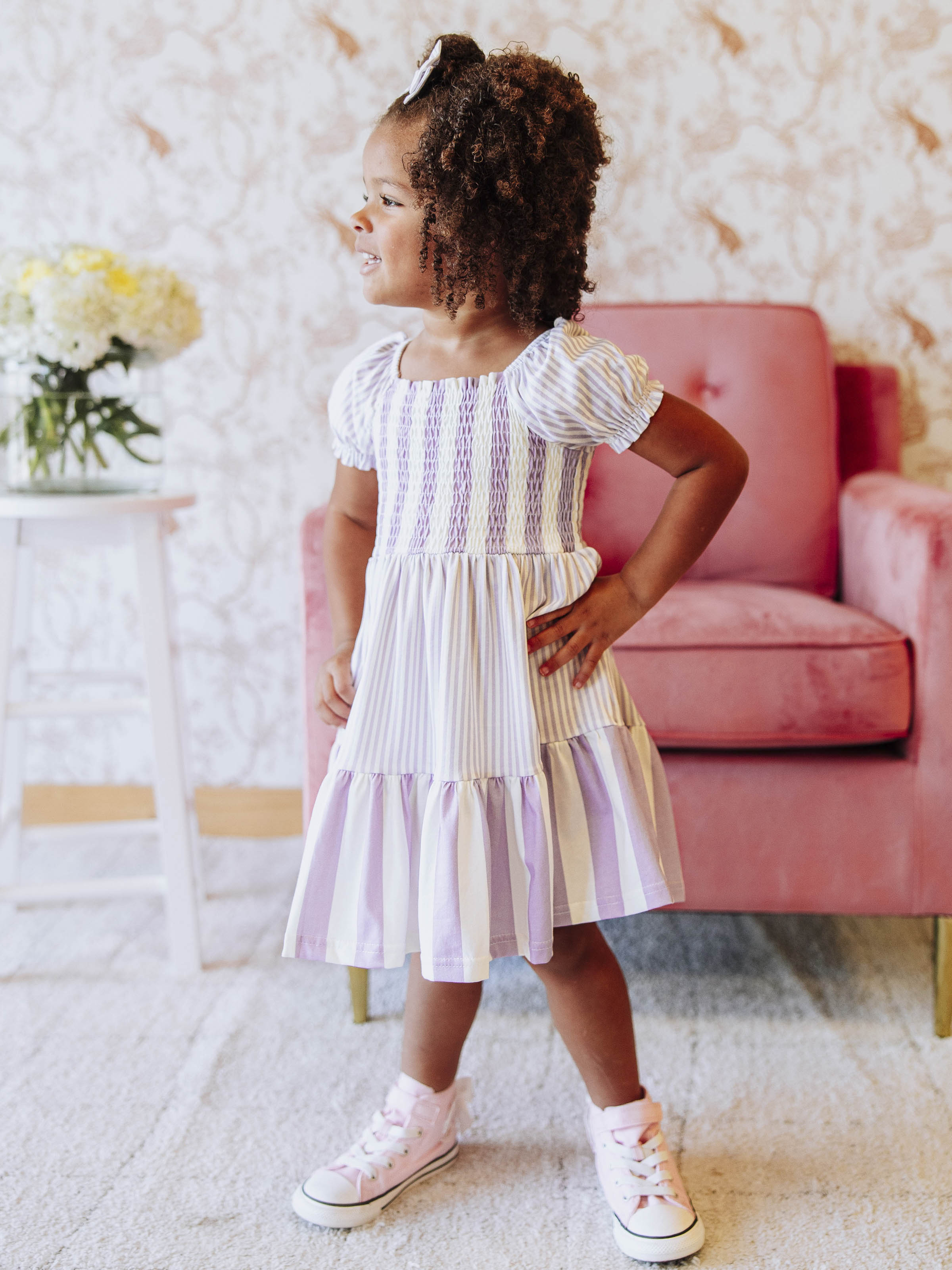 Puff Sleeve Dress - Purple Stripe Smocked Cotton Hidden Pockets