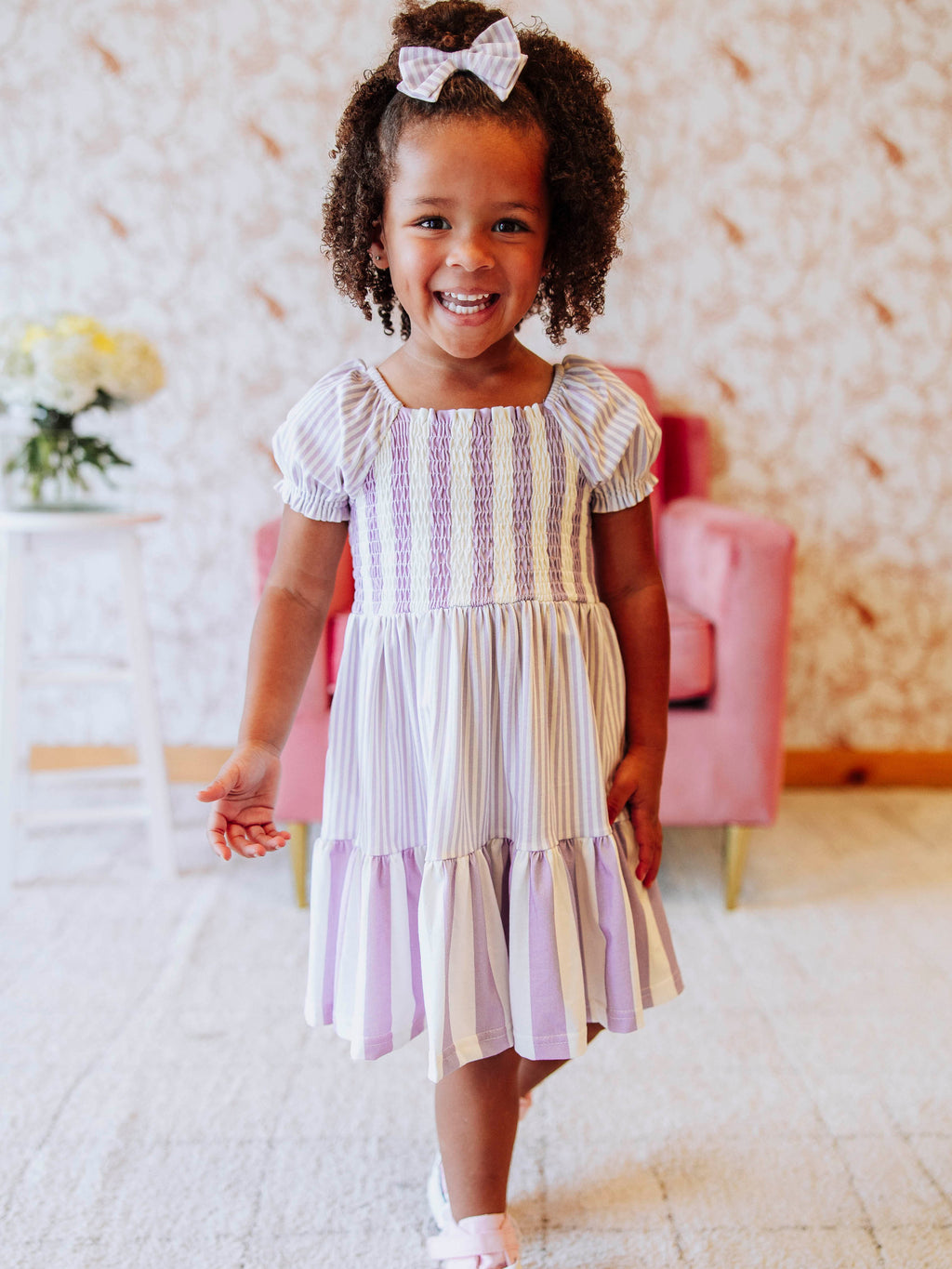 Puff Sleeve Dress - Purple Stripe Smocked Cotton Hidden Pockets
