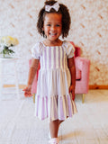 Puff Sleeve Dress - Purple Stripe Smocked Cotton Hidden Pockets