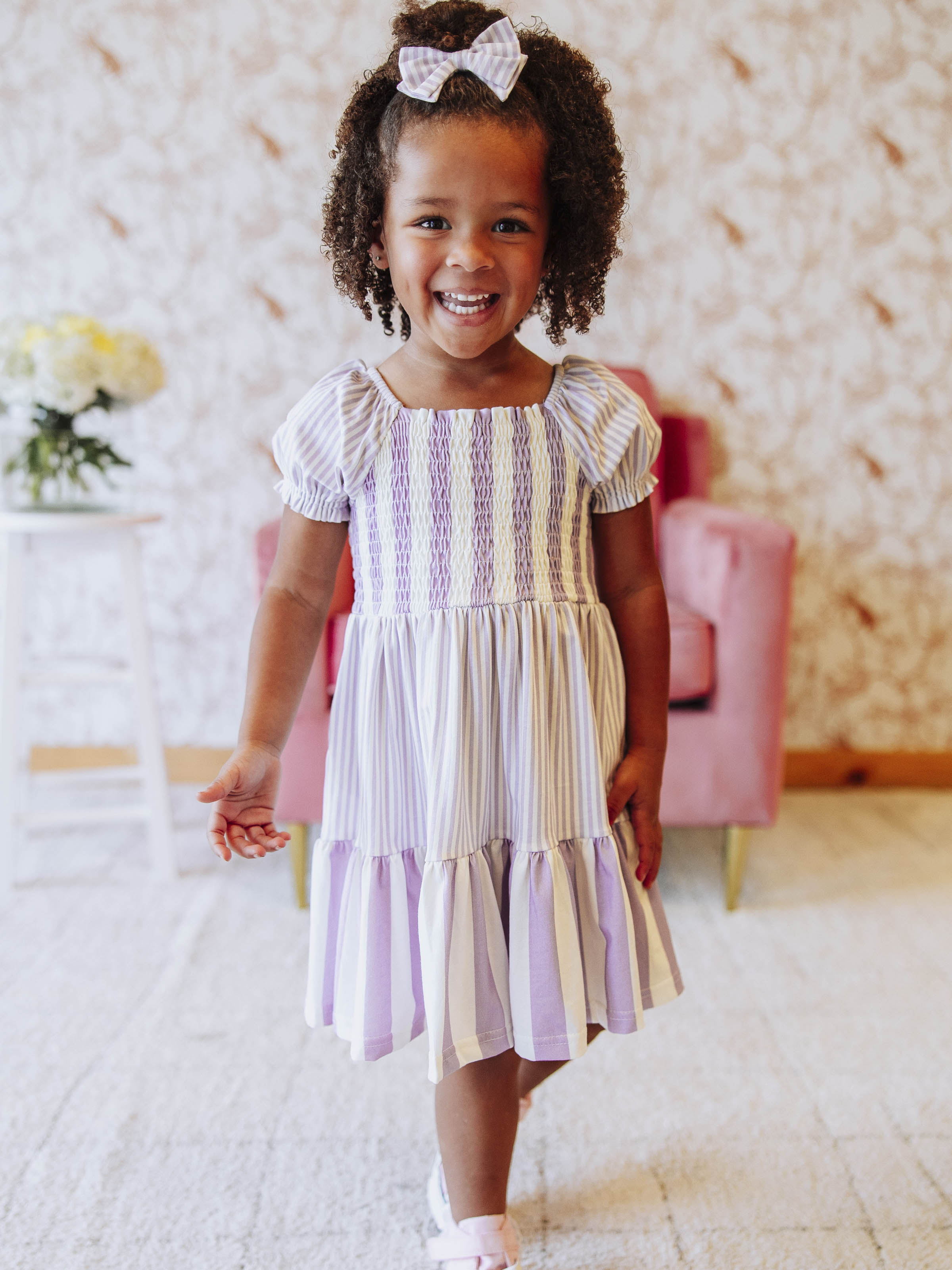 Puff Sleeve Dress - Purple Stripe Smocked Cotton Hidden Pockets