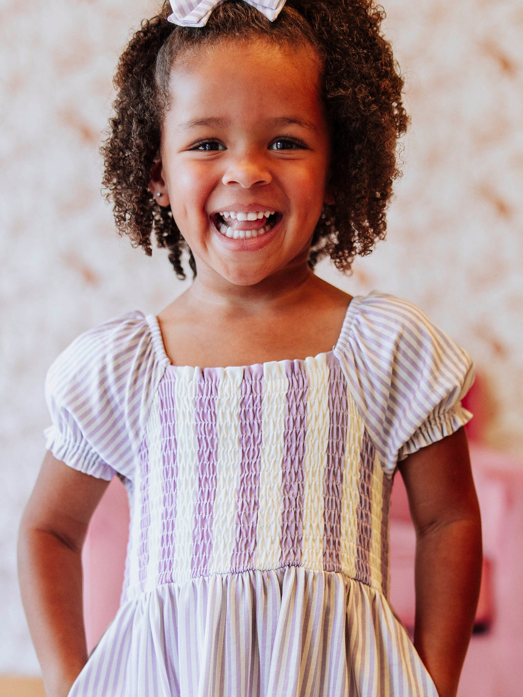 Puff Sleeve Dress - Purple Stripe Smocked Cotton Hidden Pockets