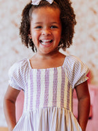 Puff Sleeve Dress - Purple Stripe Smocked Cotton Hidden Pockets