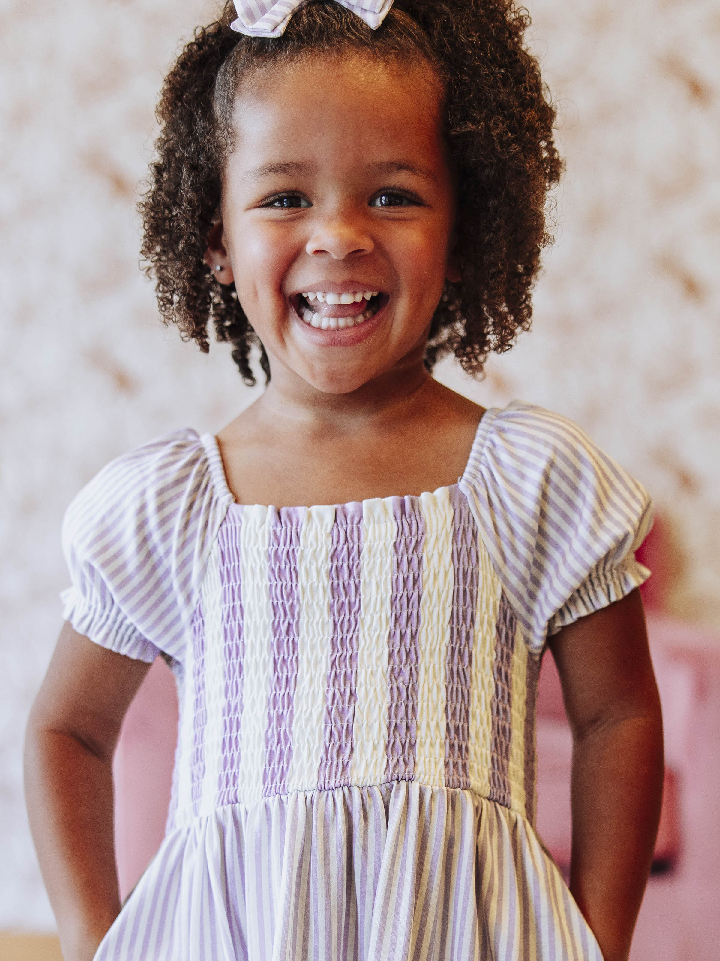 Puff Sleeve Dress - Purple Stripe Smocked Cotton Hidden Pockets