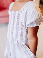 Puff Sleeve Dress - Purple Stripe Smocked Cotton Hidden Pockets
