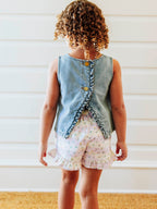 Ruffled Denim Tank - Light Wash Cotton Relaxed Button Back