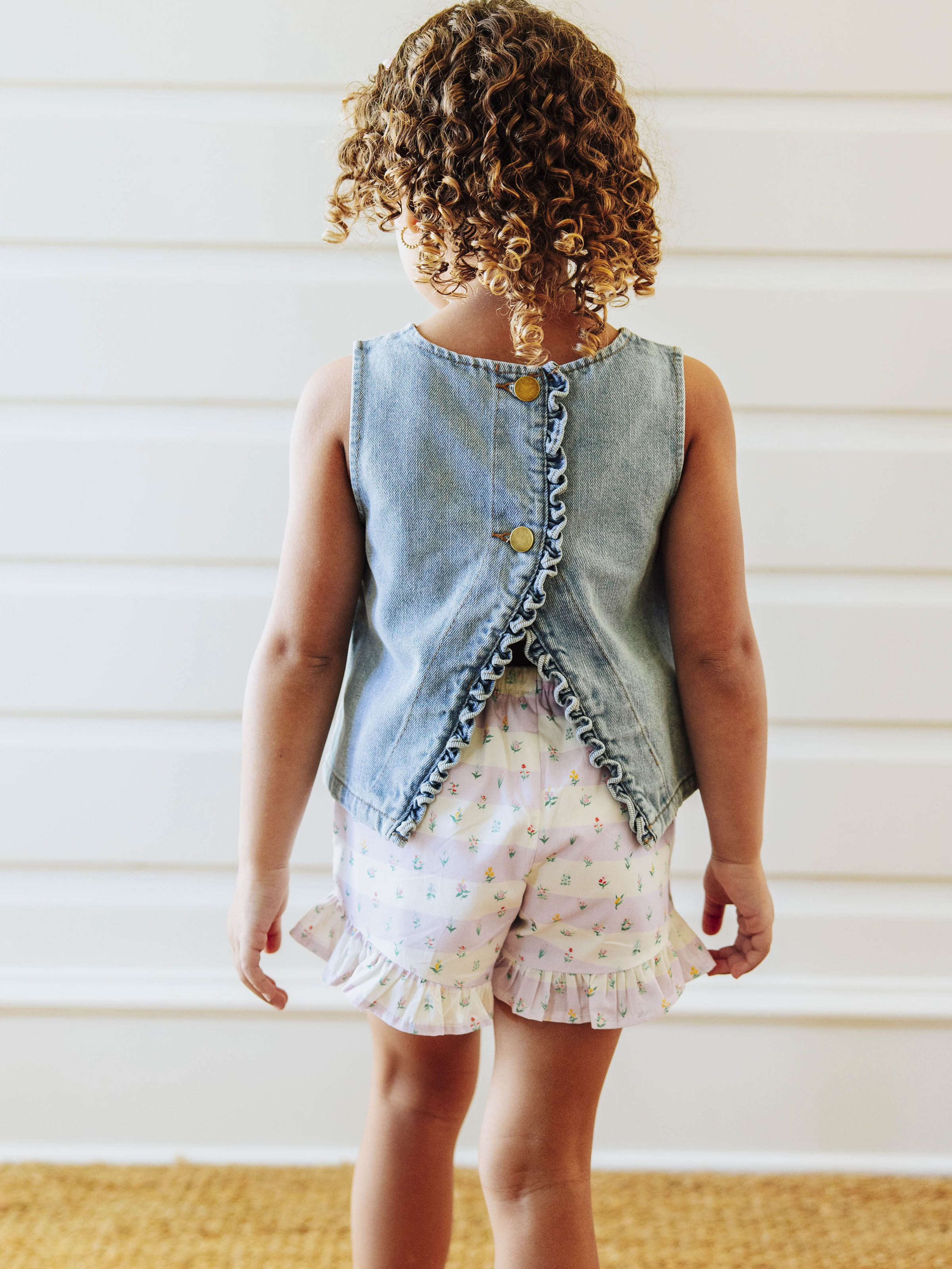 Ruffled Denim Tank - Light Wash Cotton Relaxed Button Back