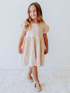 Sequin Dress - Champagne Sparkle Polyester Lined Zip Puff Sleeve
