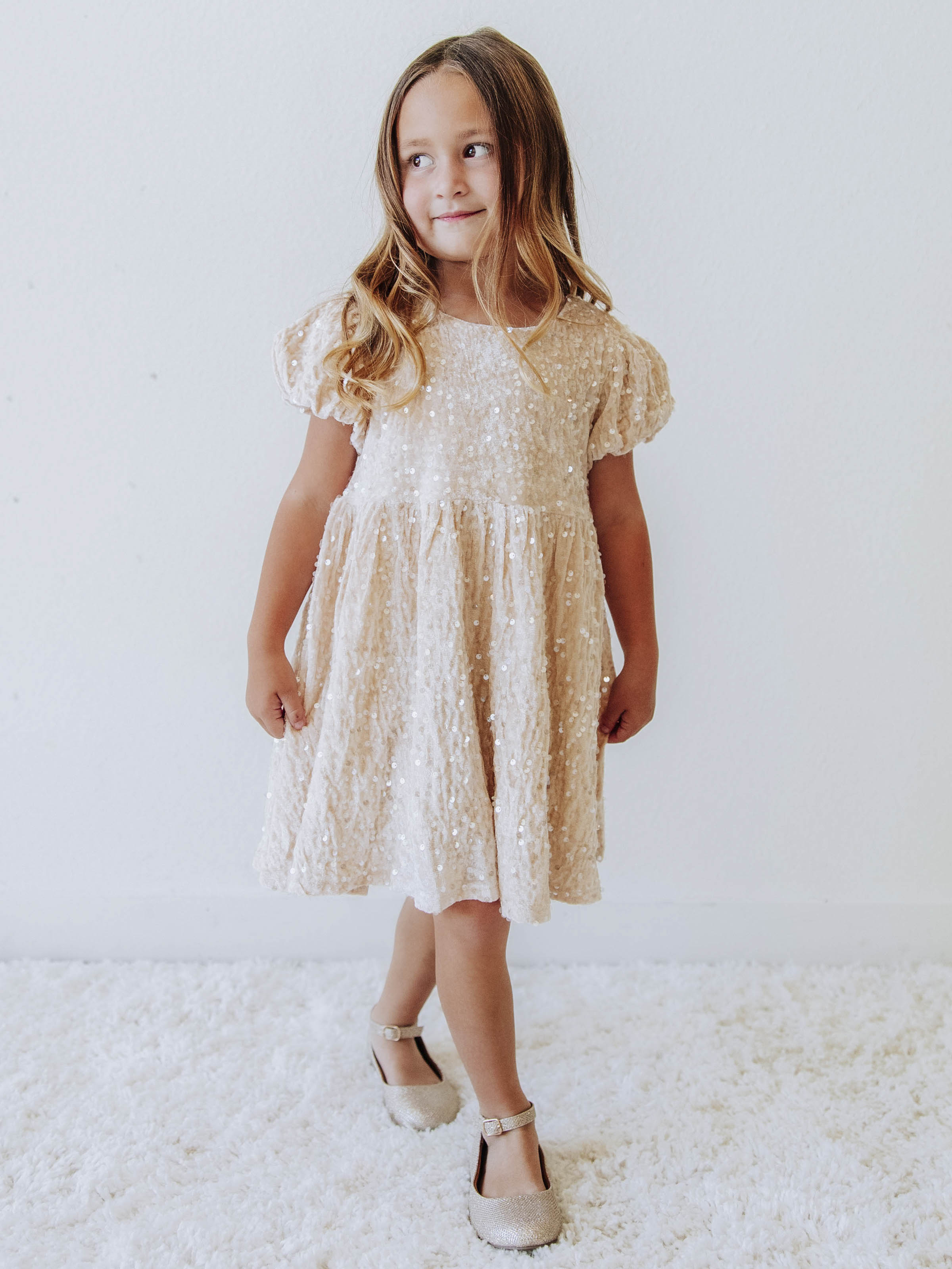 Sequin Dress - Champagne Sparkle Polyester Lined Zip Puff Sleeve