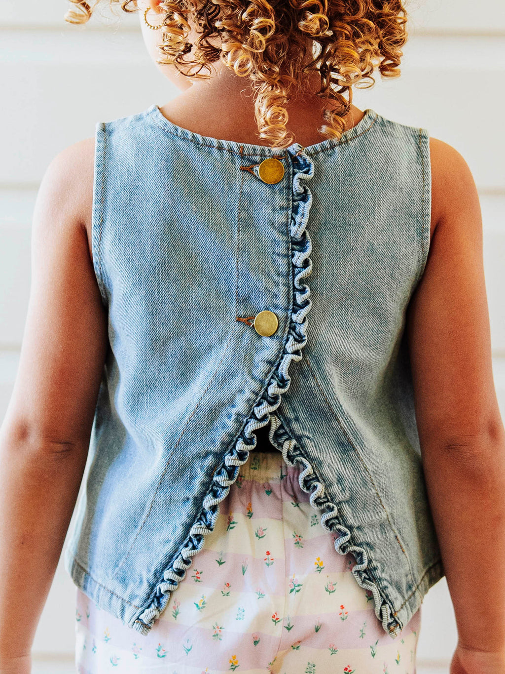 Ruffled Denim Tank - Light Wash Cotton Relaxed Button Back