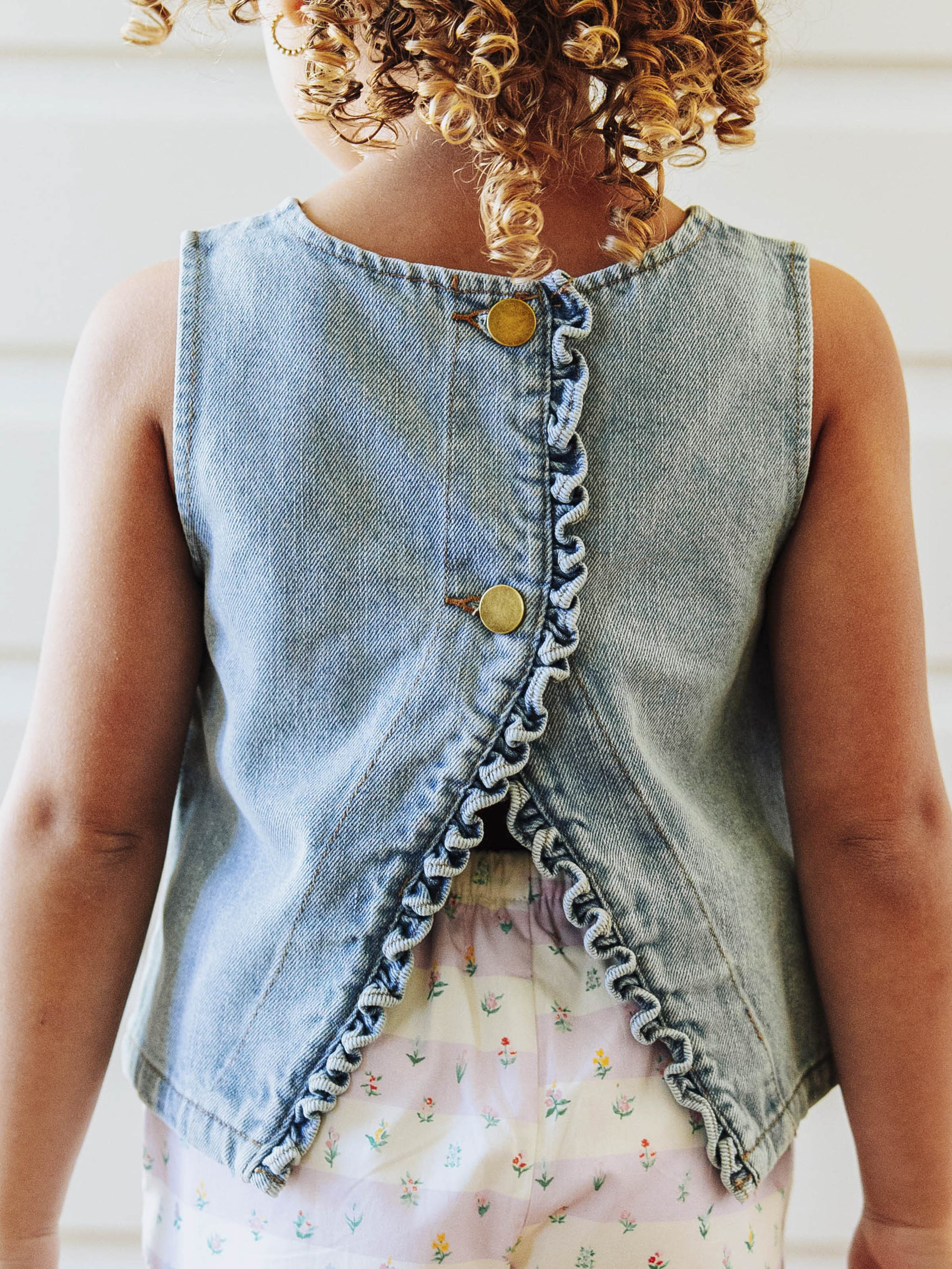 Ruffled Denim Tank - Light Wash Cotton Relaxed Button Back